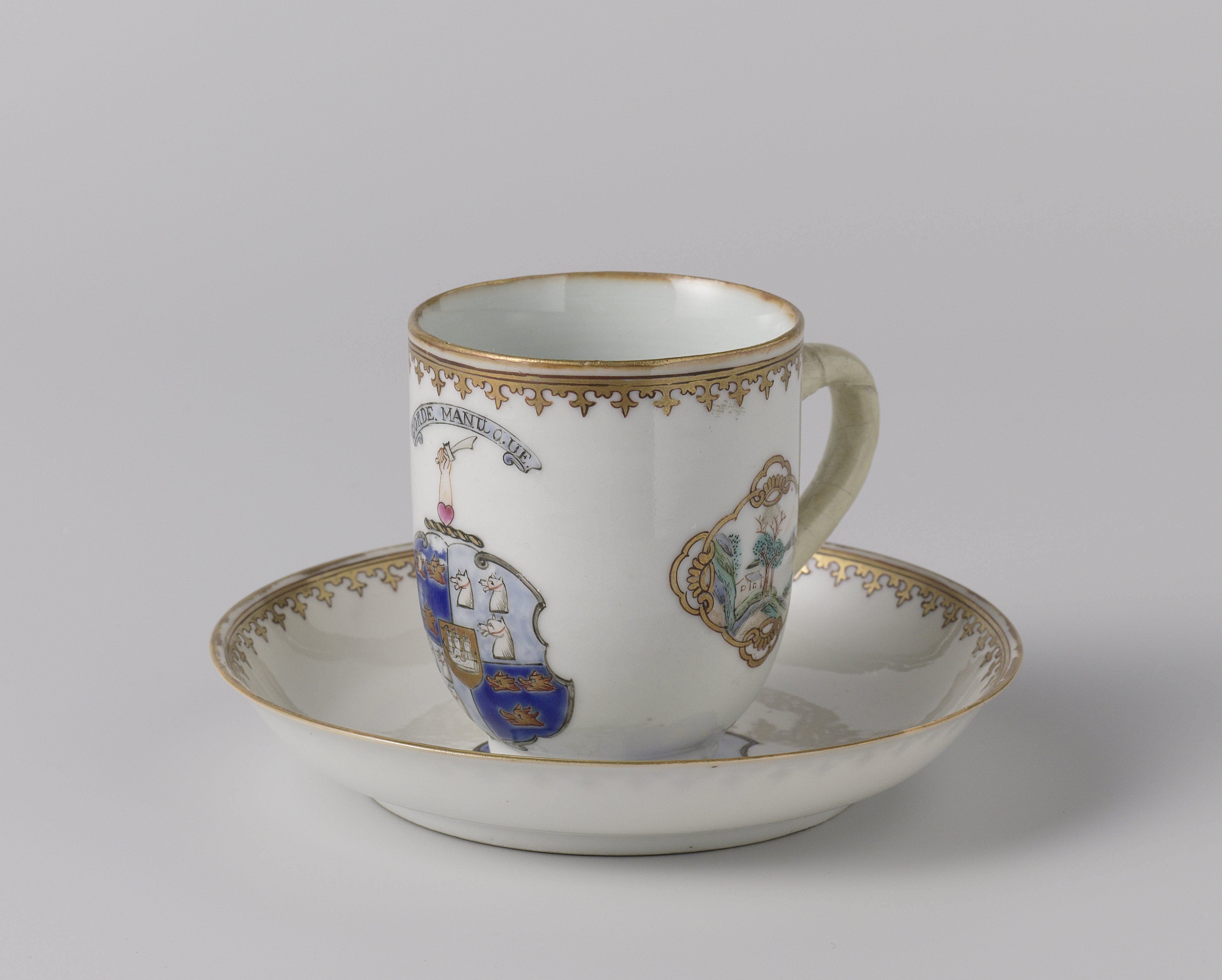 Cup with handle and saucer with the arms of the families Gordon and Forbes