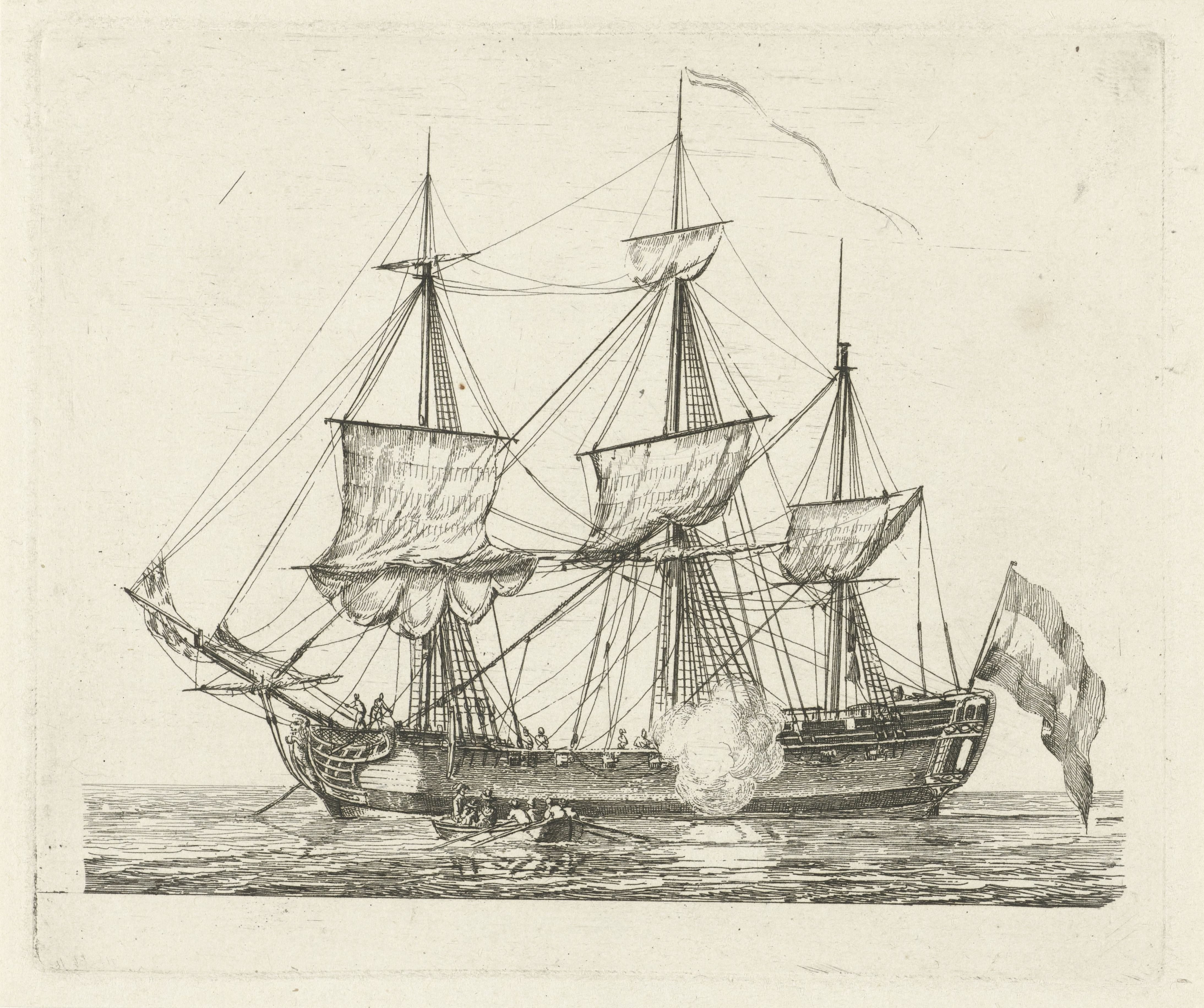 Driemaster met vlag en een roeiboot