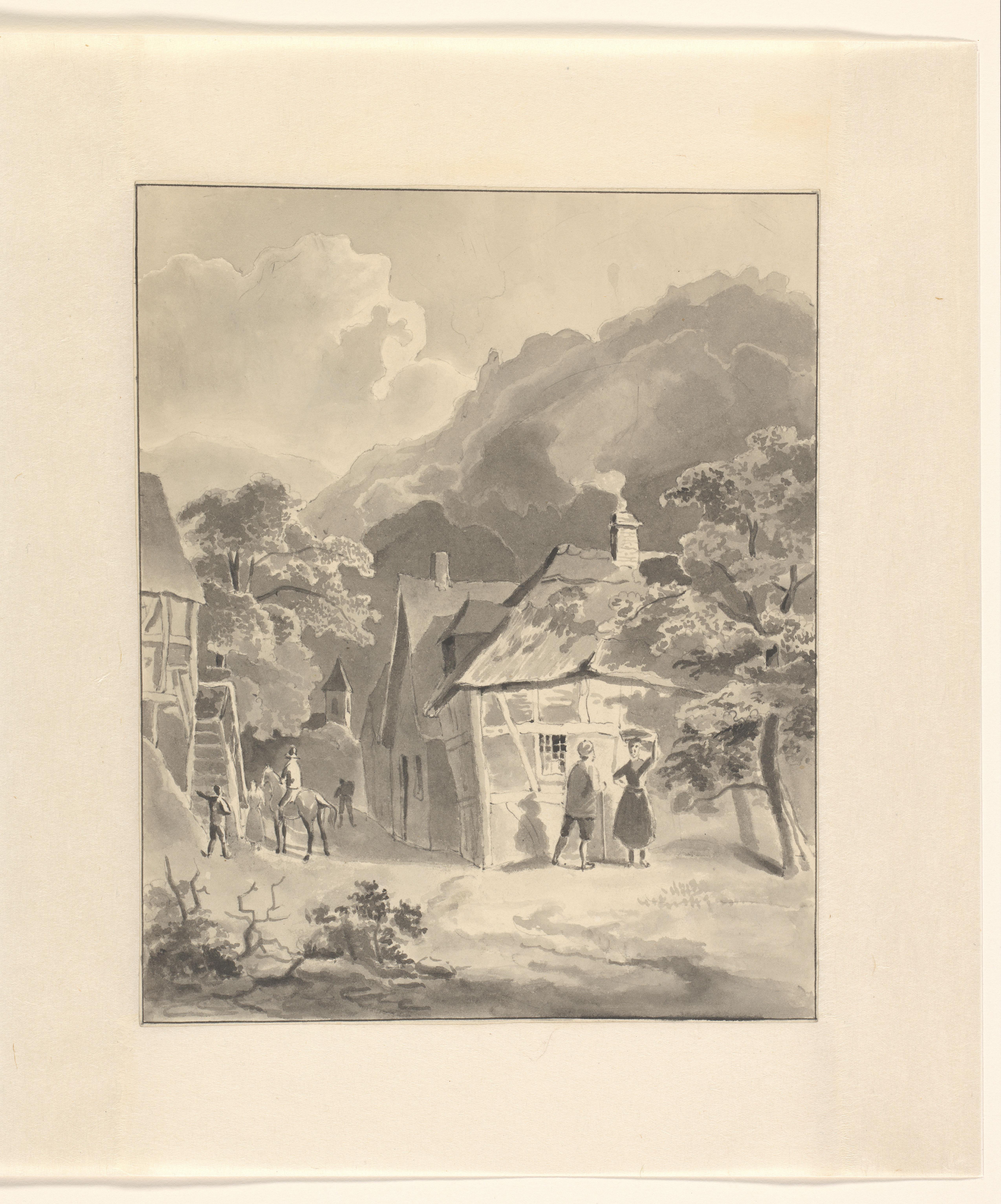Figuren in een dorp in een berglandschap