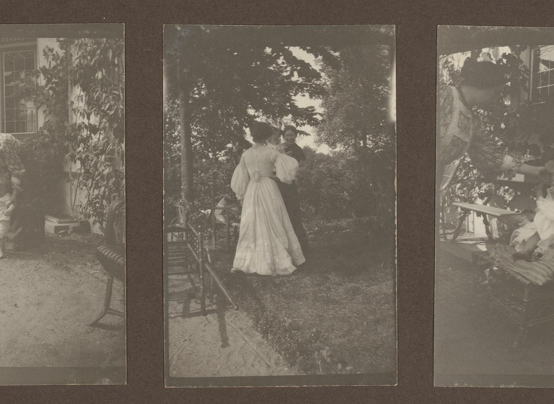 Twee vrouwen met kind in tuin, mogelijk Elsa en Thea Diepenbrock en Saar de Swart of Emilie van Kerckhoff