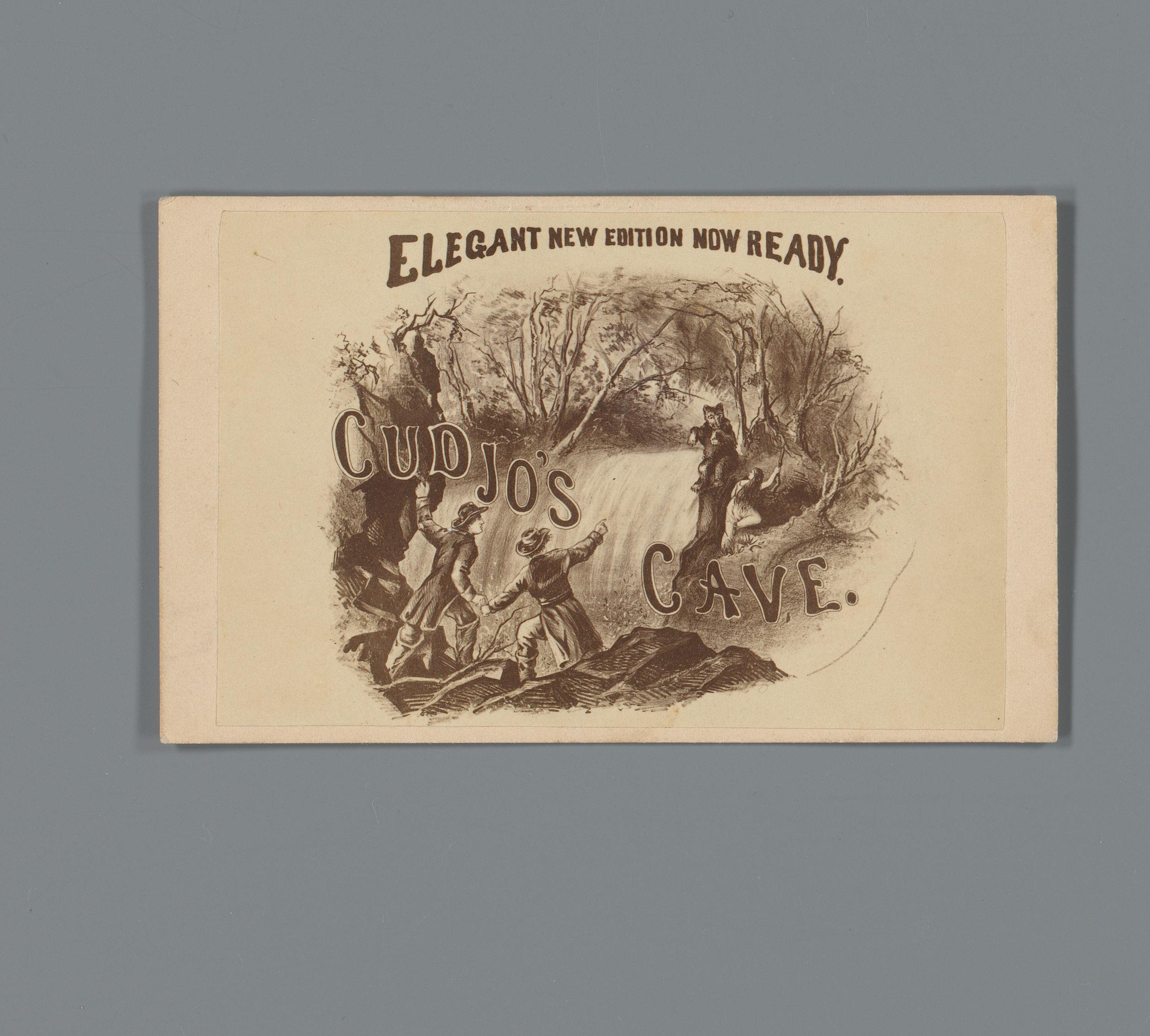 Fotoreproductie van een prent van een scene uit het boek Cudjos Cave van John Townsend Trowbridge