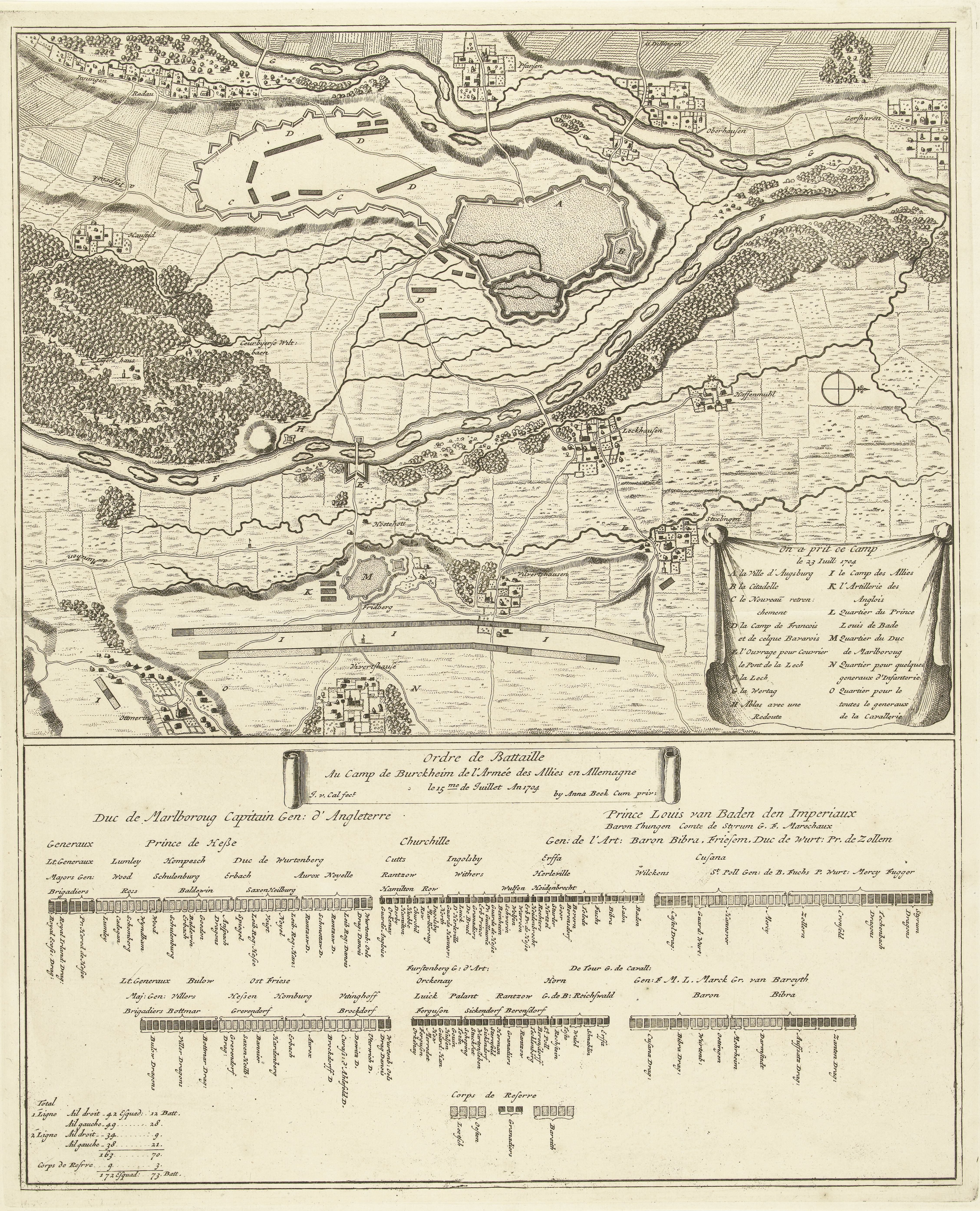 Plan van het legerkamp en de slagorde van de Geallieerden bij Augsburg, 1704