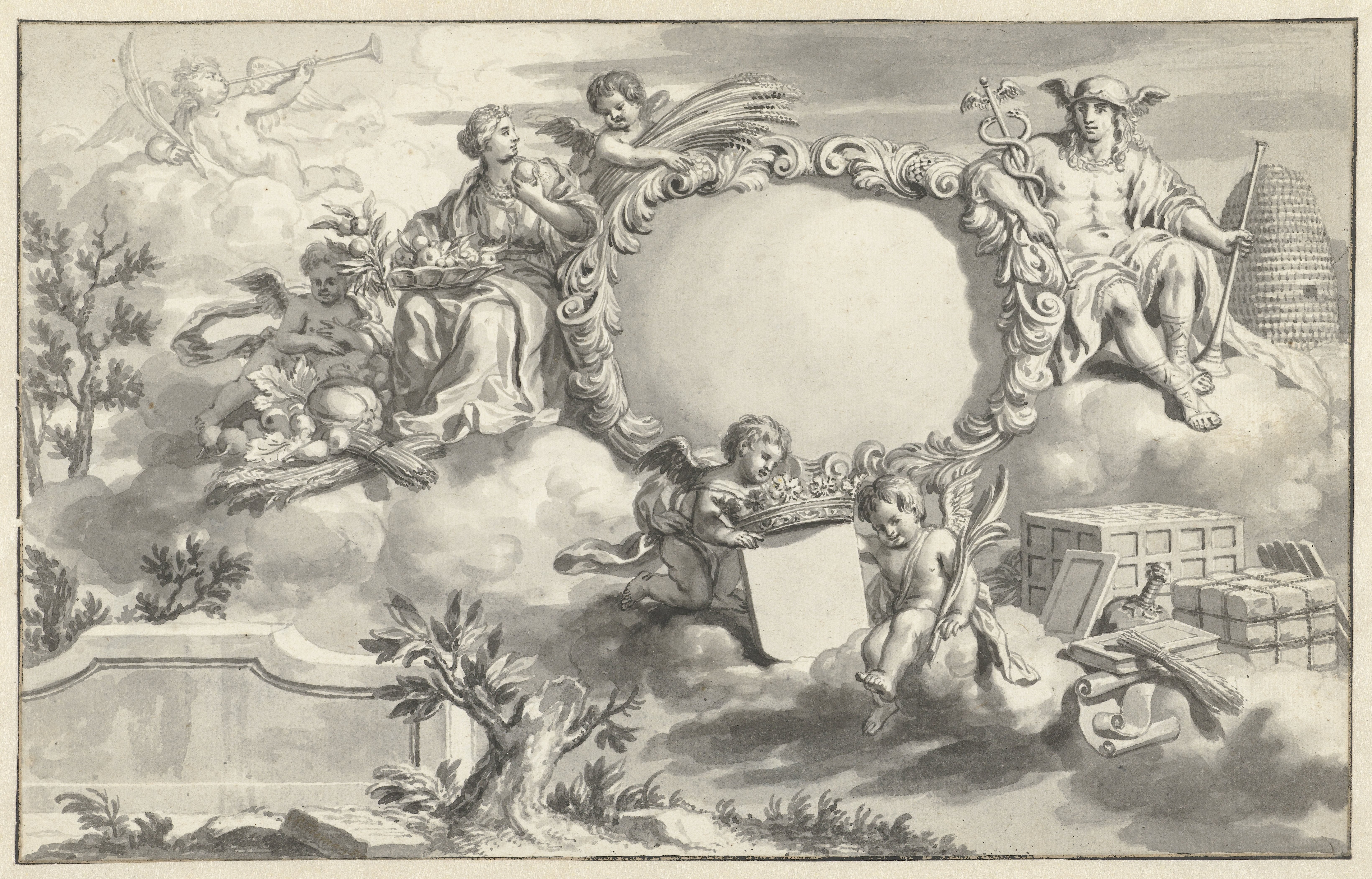 Allegorische voorstelling met cartouches en diverse figuren
