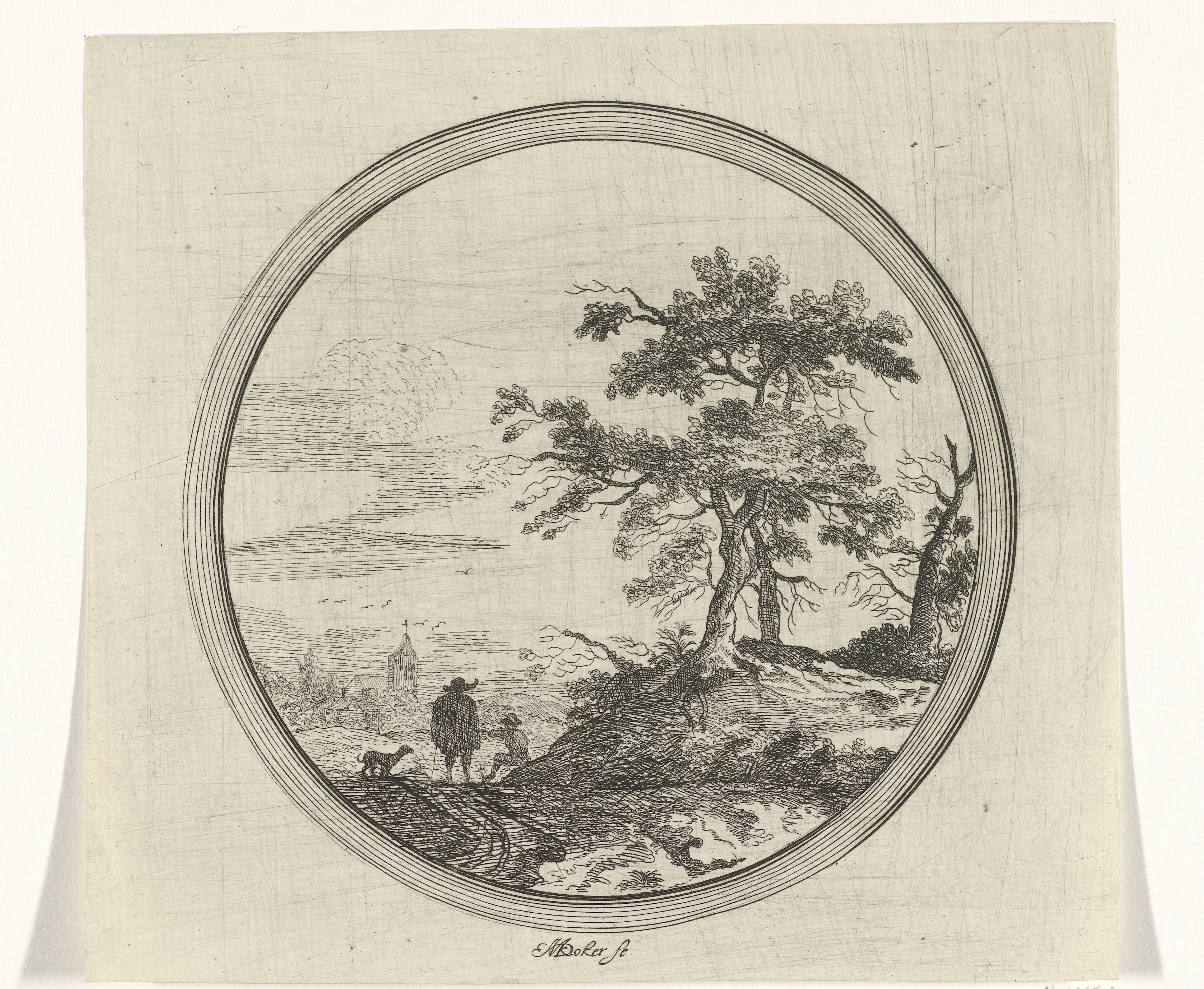 Landschap met twee mannen en een hond