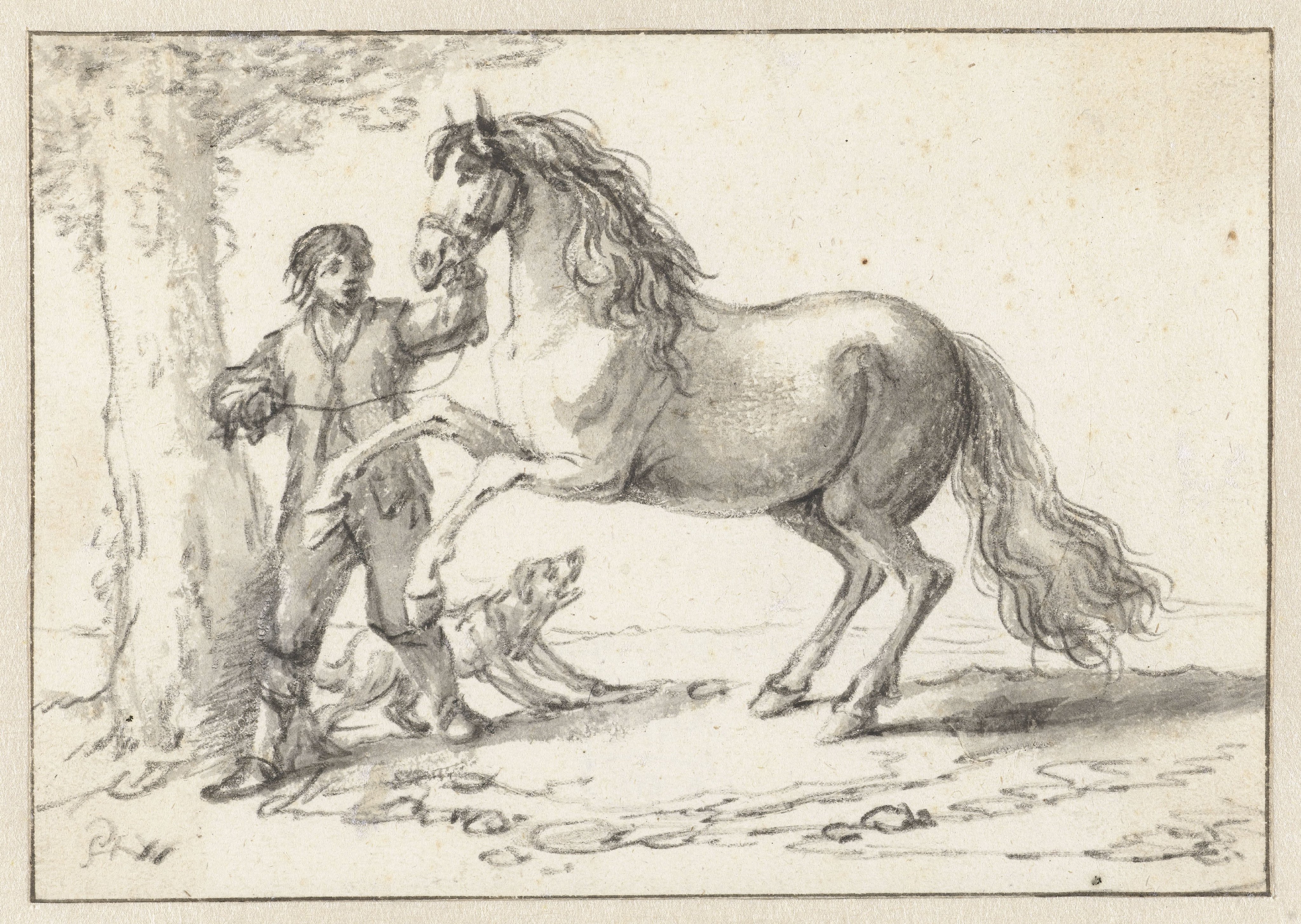 Young Man Holding a Rearing Horse by its Bridle, Frightened by a Barking Dog
