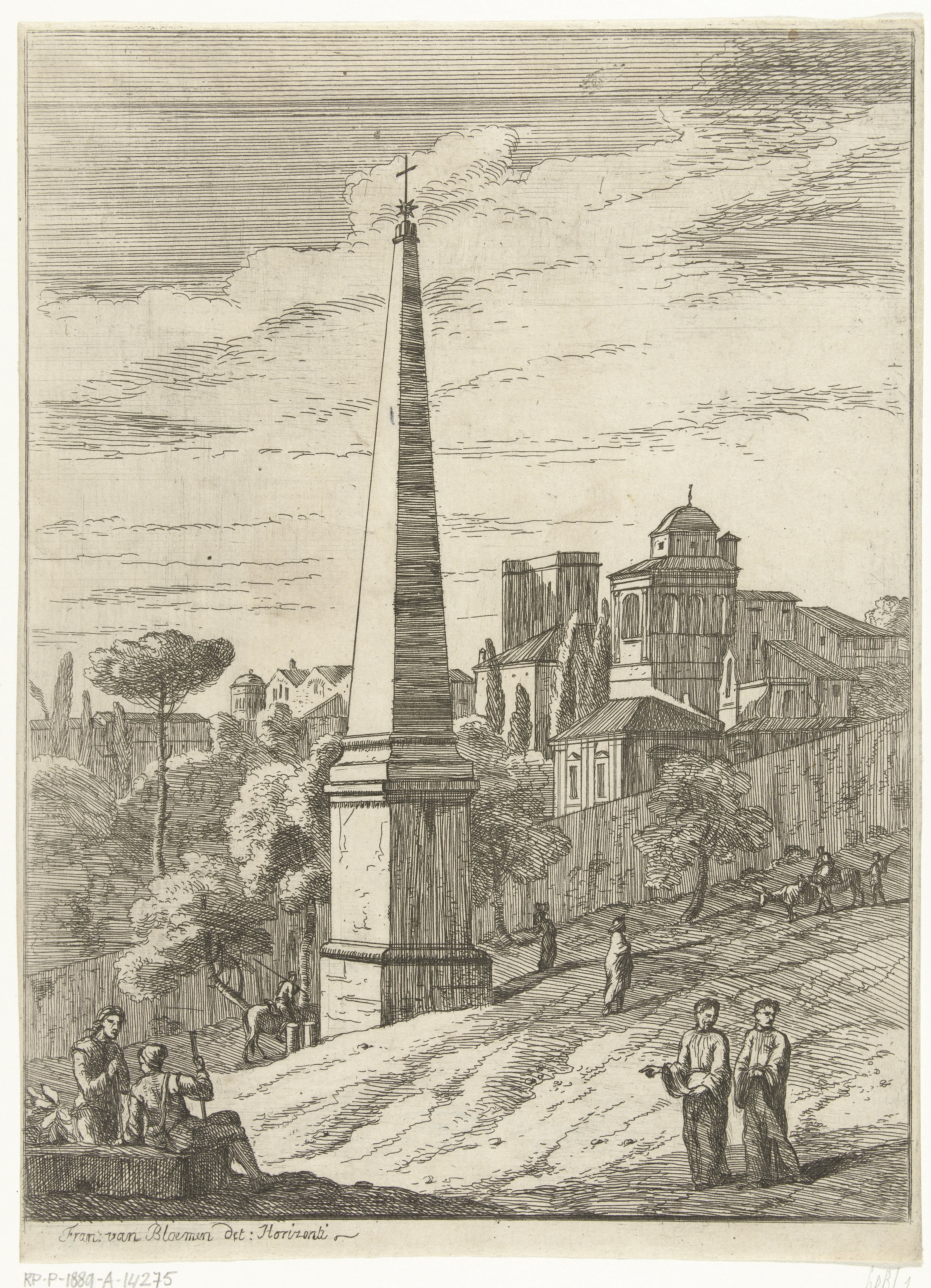 Italianiserend landschap met obelisk en gezicht op stad