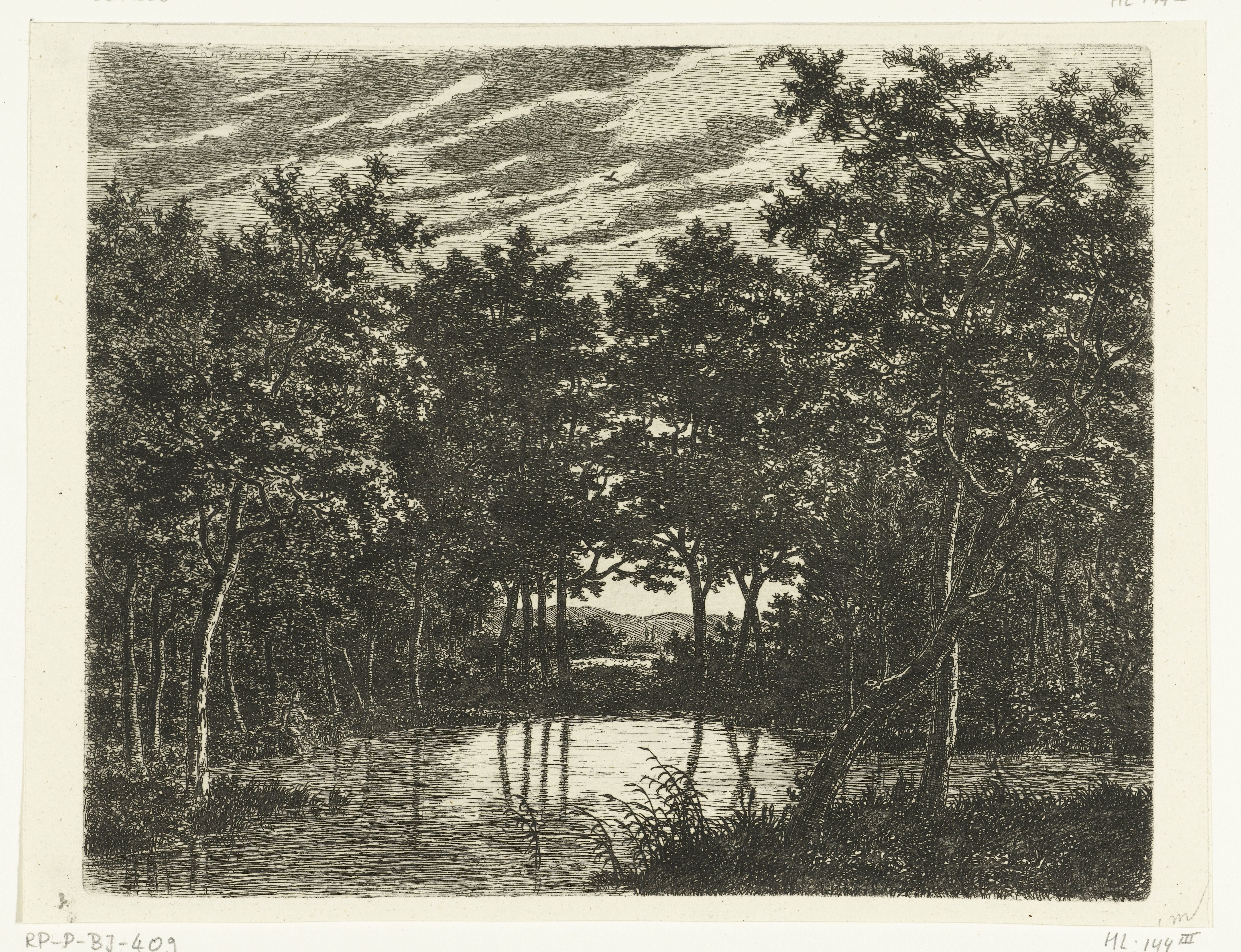 Landschap met vijver, links zit een visser met een puntige hoed