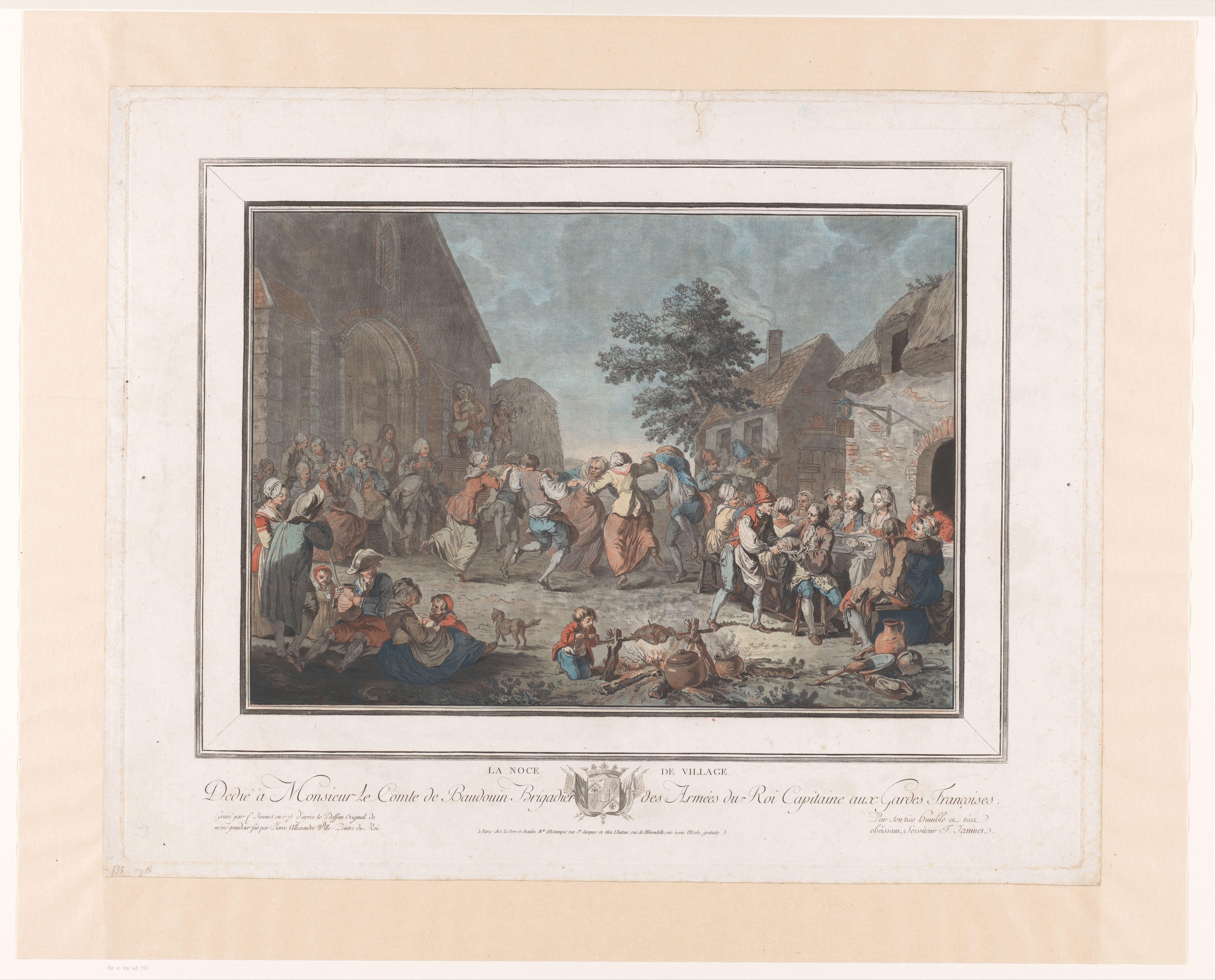 Dorpsfeest met dansende en etende figuren