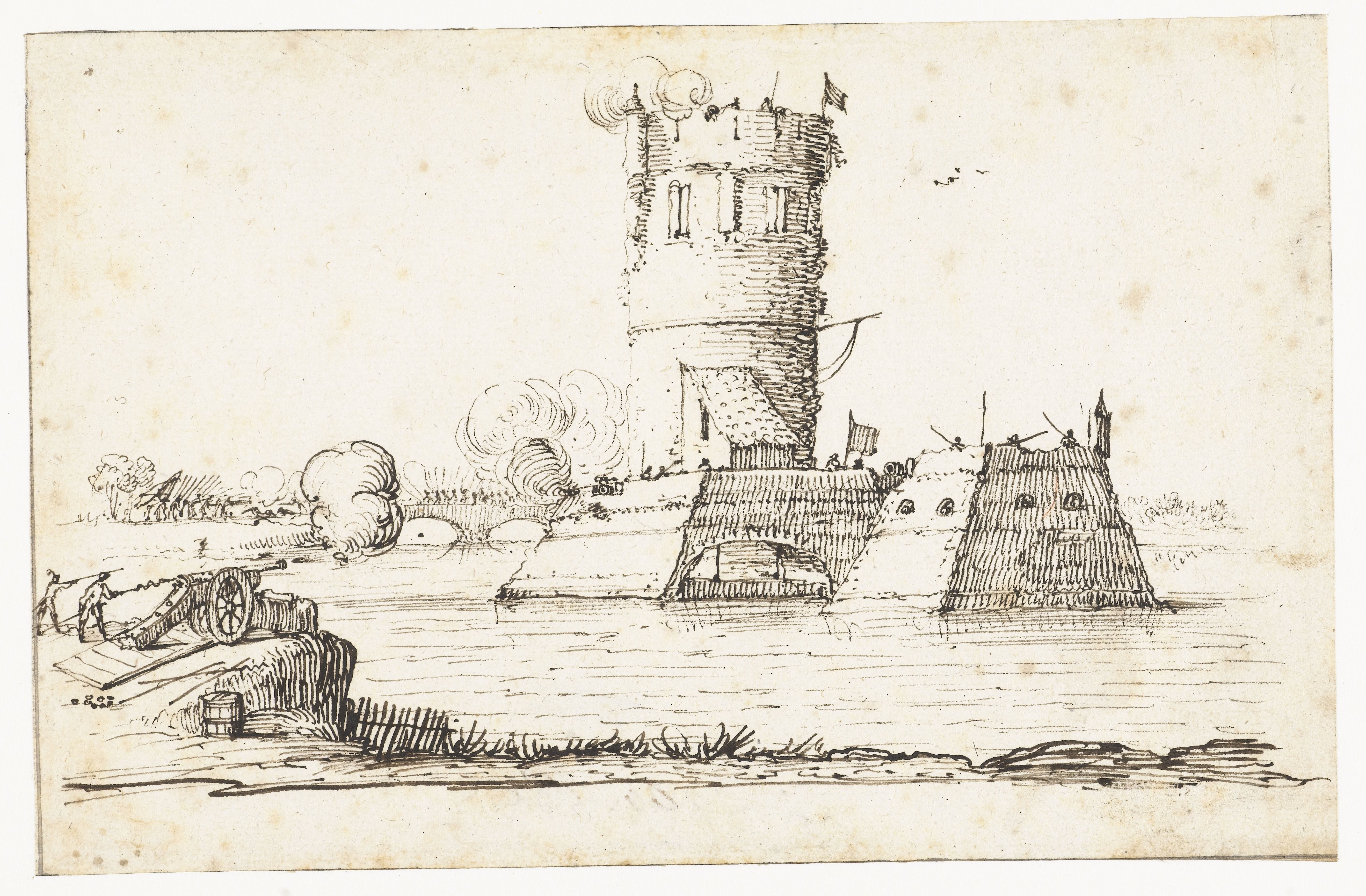Aanval van artillerie op een verdedigingstoren
