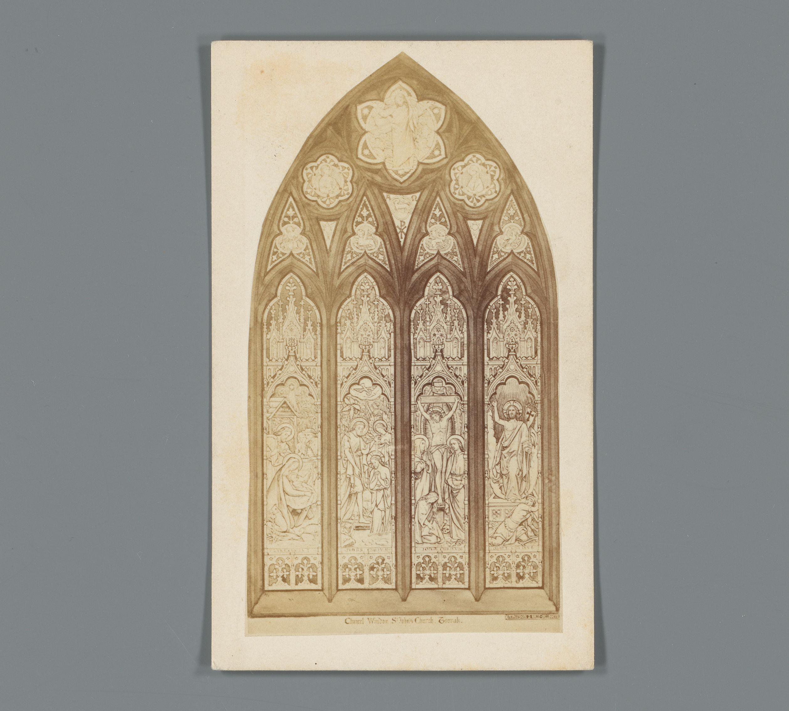Fotoreproductie van een ontwerptekening van een glas-in-lood raam vervaardigd door Ferguson, Urie & Lyon voor de St John's Church in Toorak, Australië