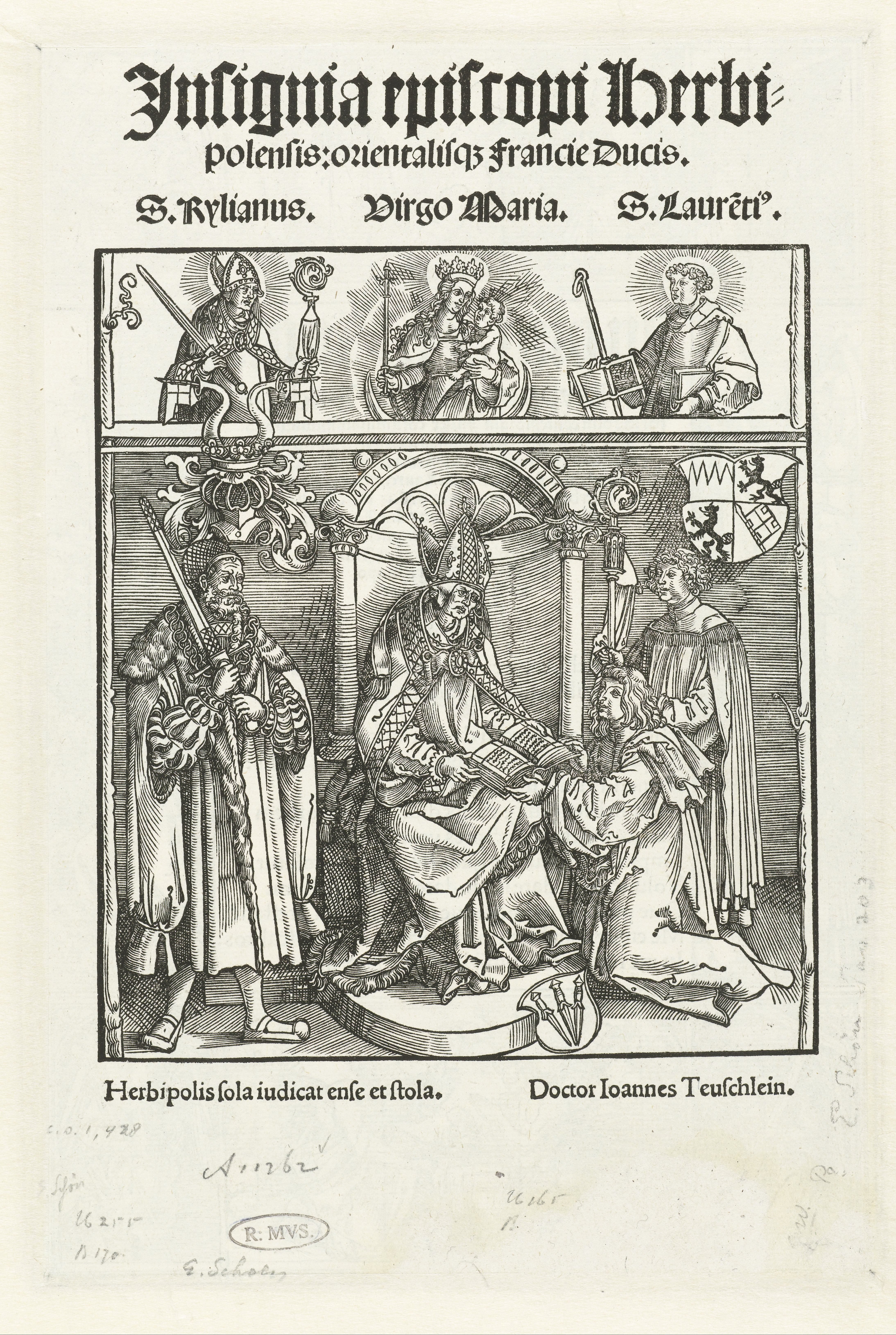 Titelblad met Johannes Teuschlein die zijn boek presenteert aan de bisschop van Würzburg