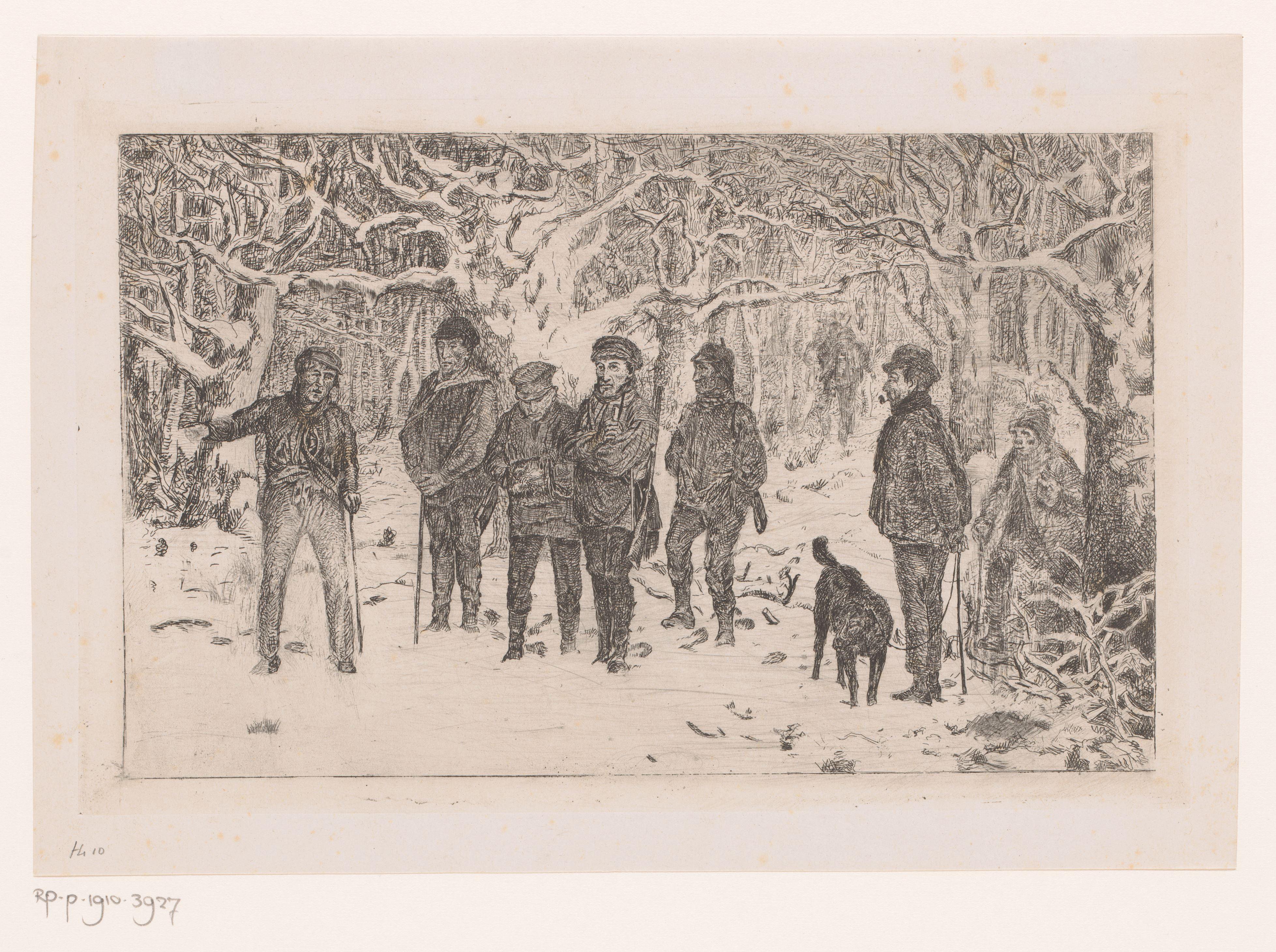 Groep jagers en drijvers in een besneeuwd bos
