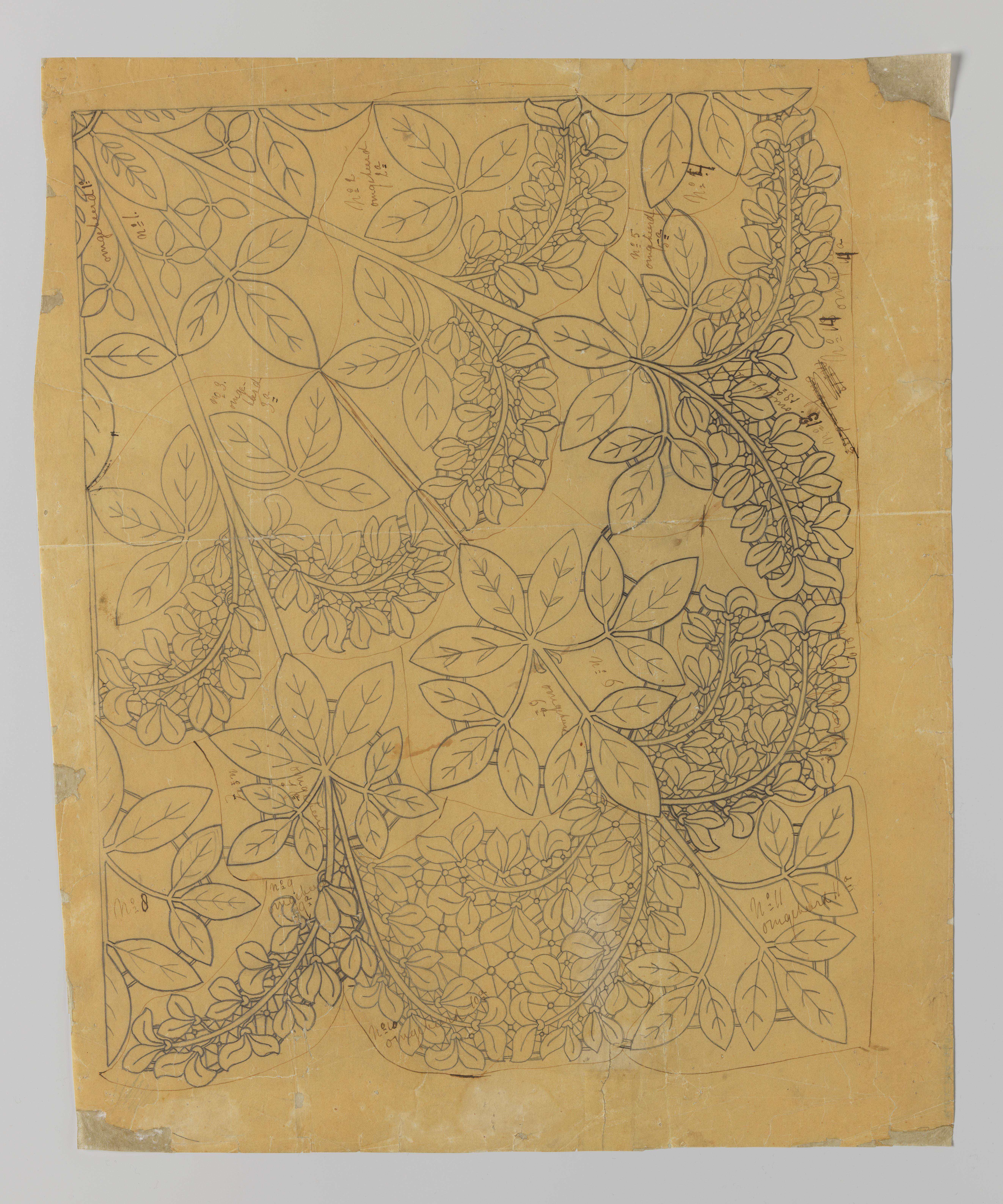 Ontwerptekening op calqueerpapier voor een kleed van kloskant met goudenregentakken en -bloemen