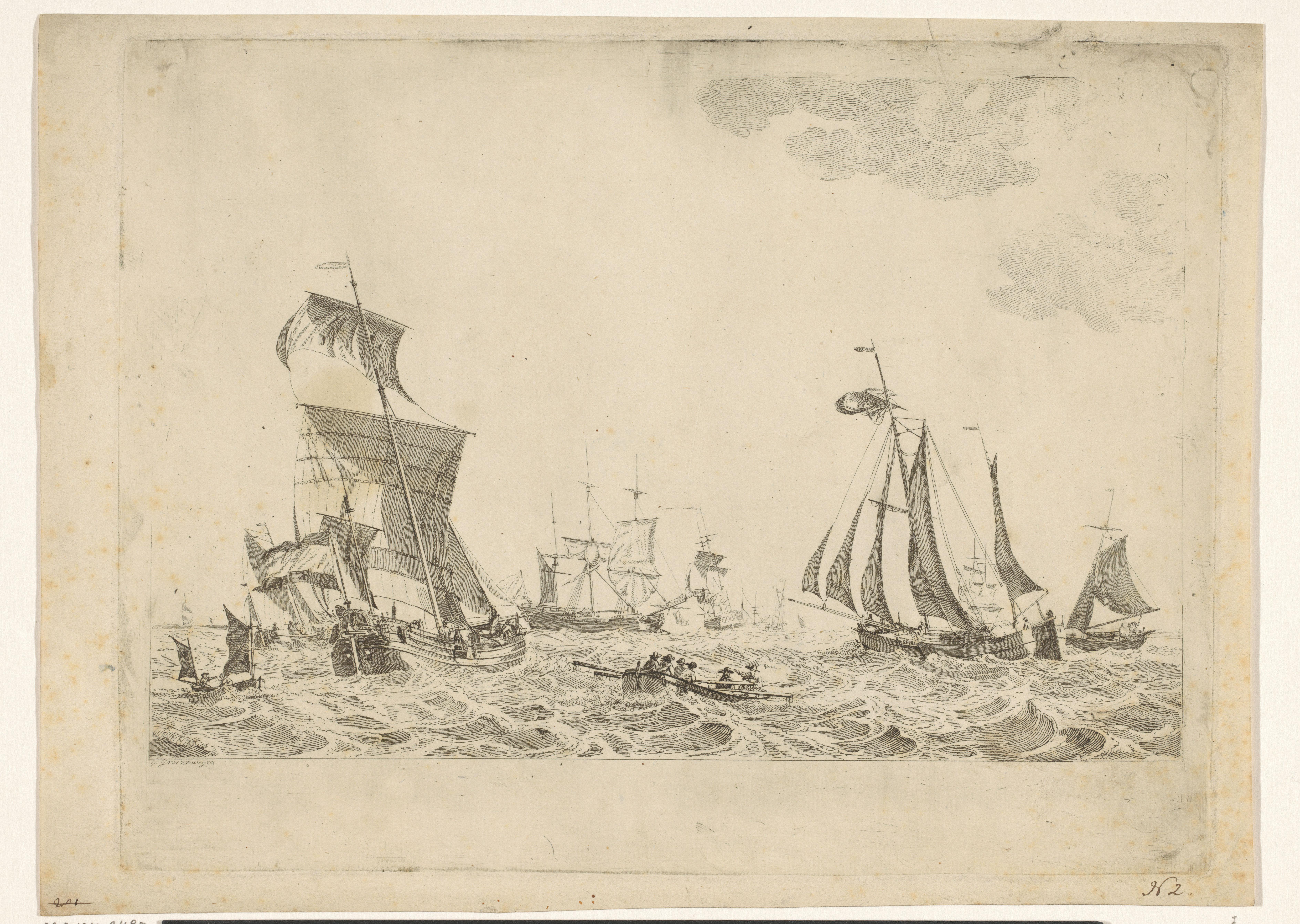 Diverse zeilschepen en een roeiboot