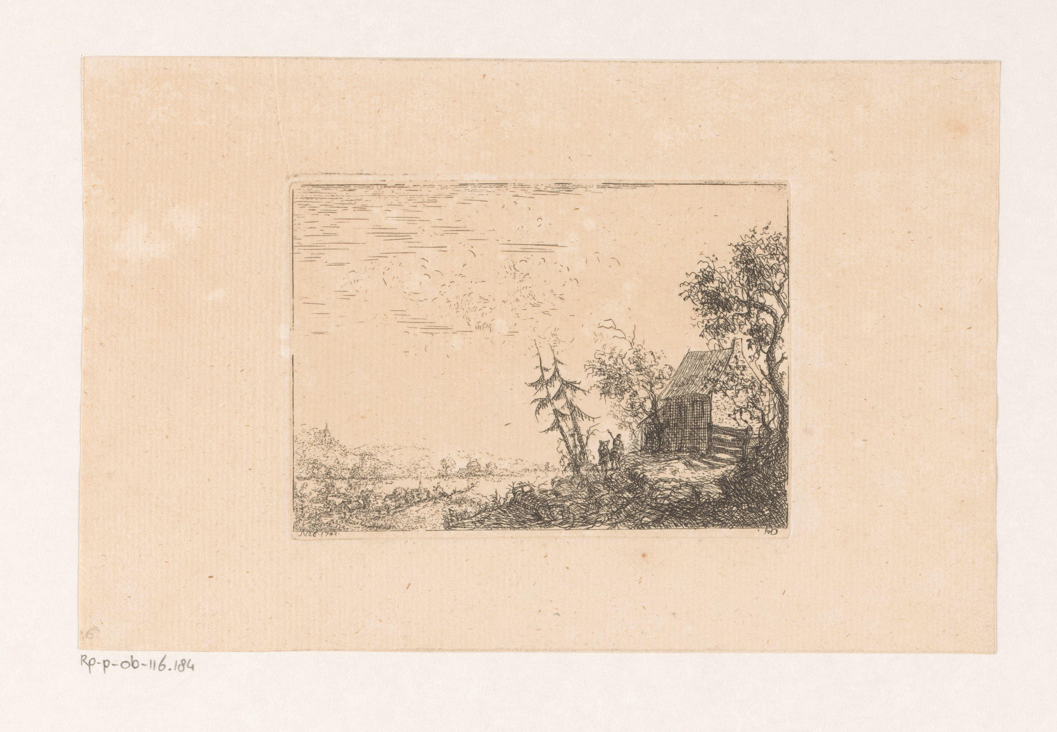 Landschap met rechts een huis en een dorp in de verte