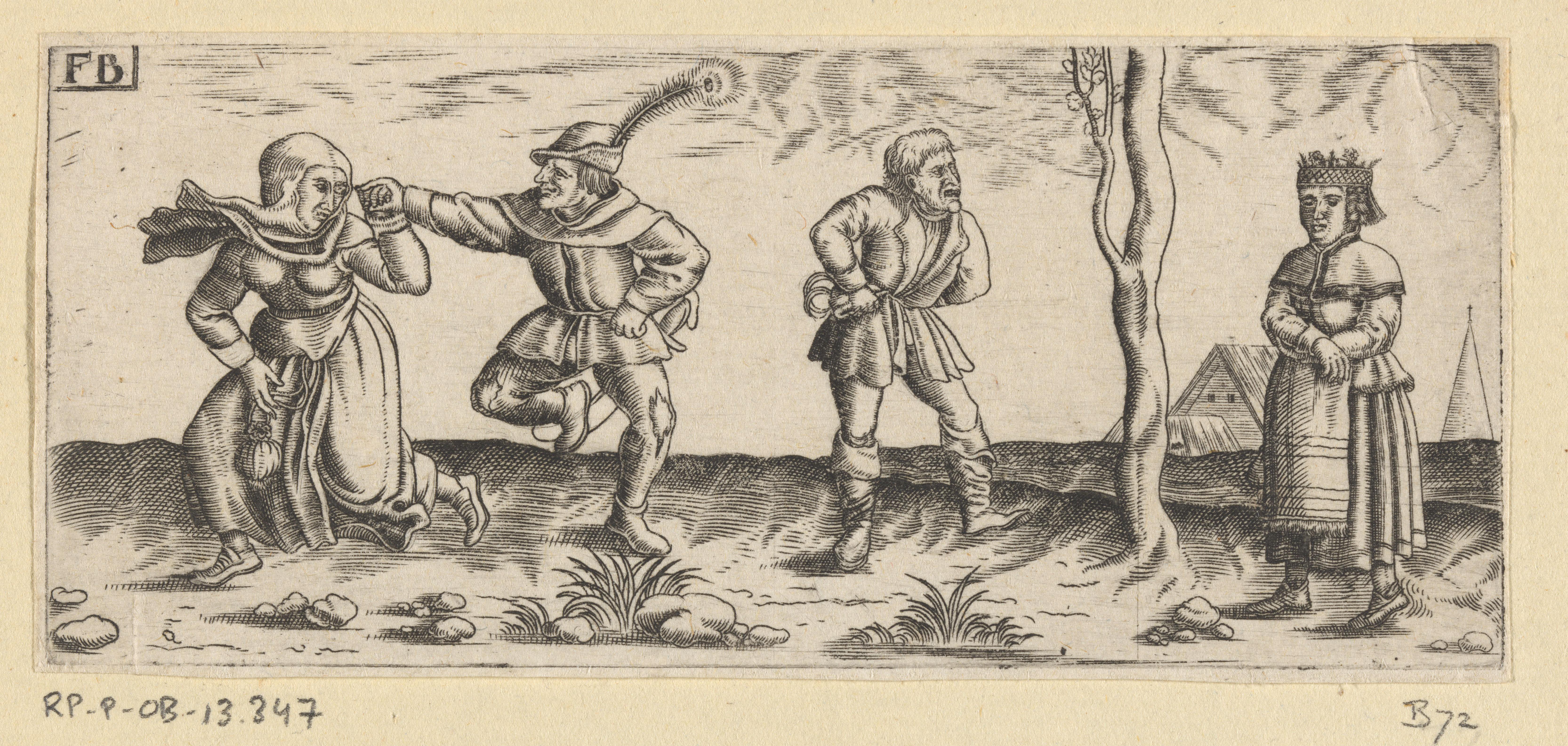 Dansend boerenpaar, daarnaast een boerin die niet wil dansen
