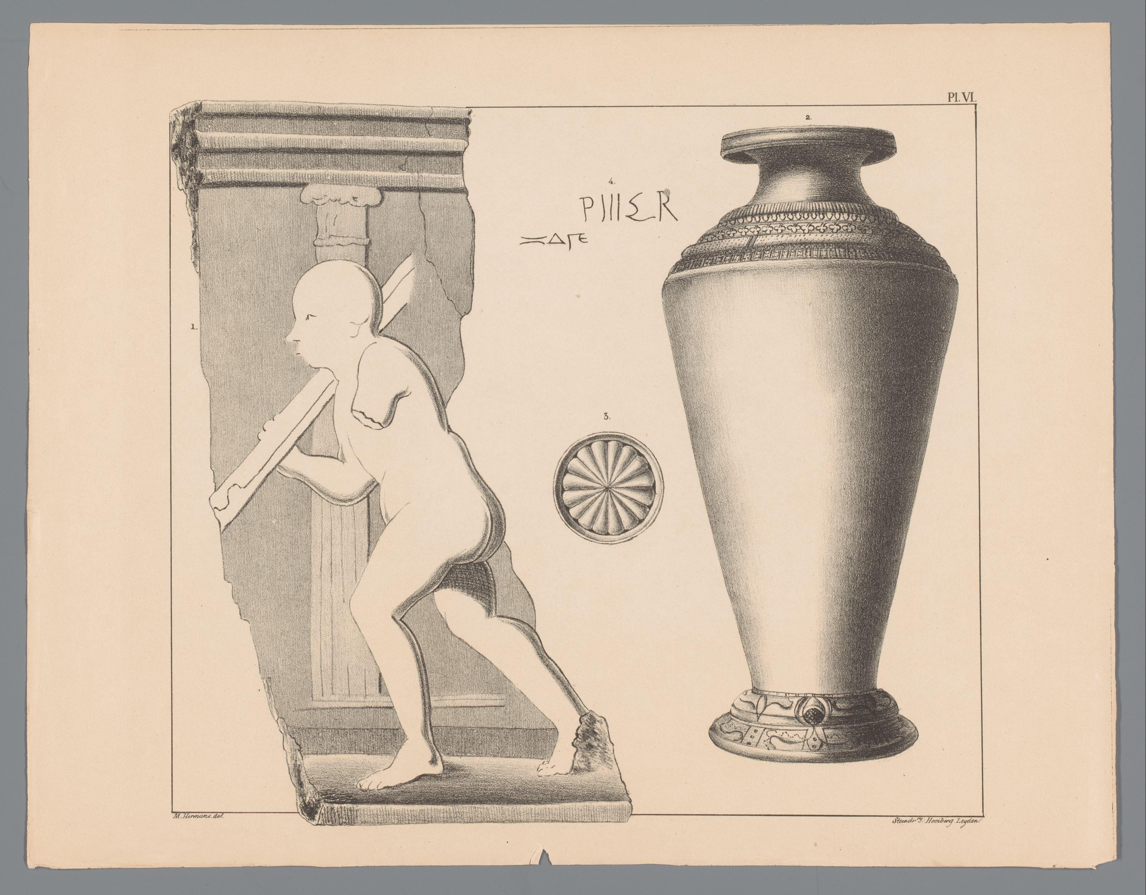 Opgegraven deel van een Romeins reliëf, een ornament en een vaas