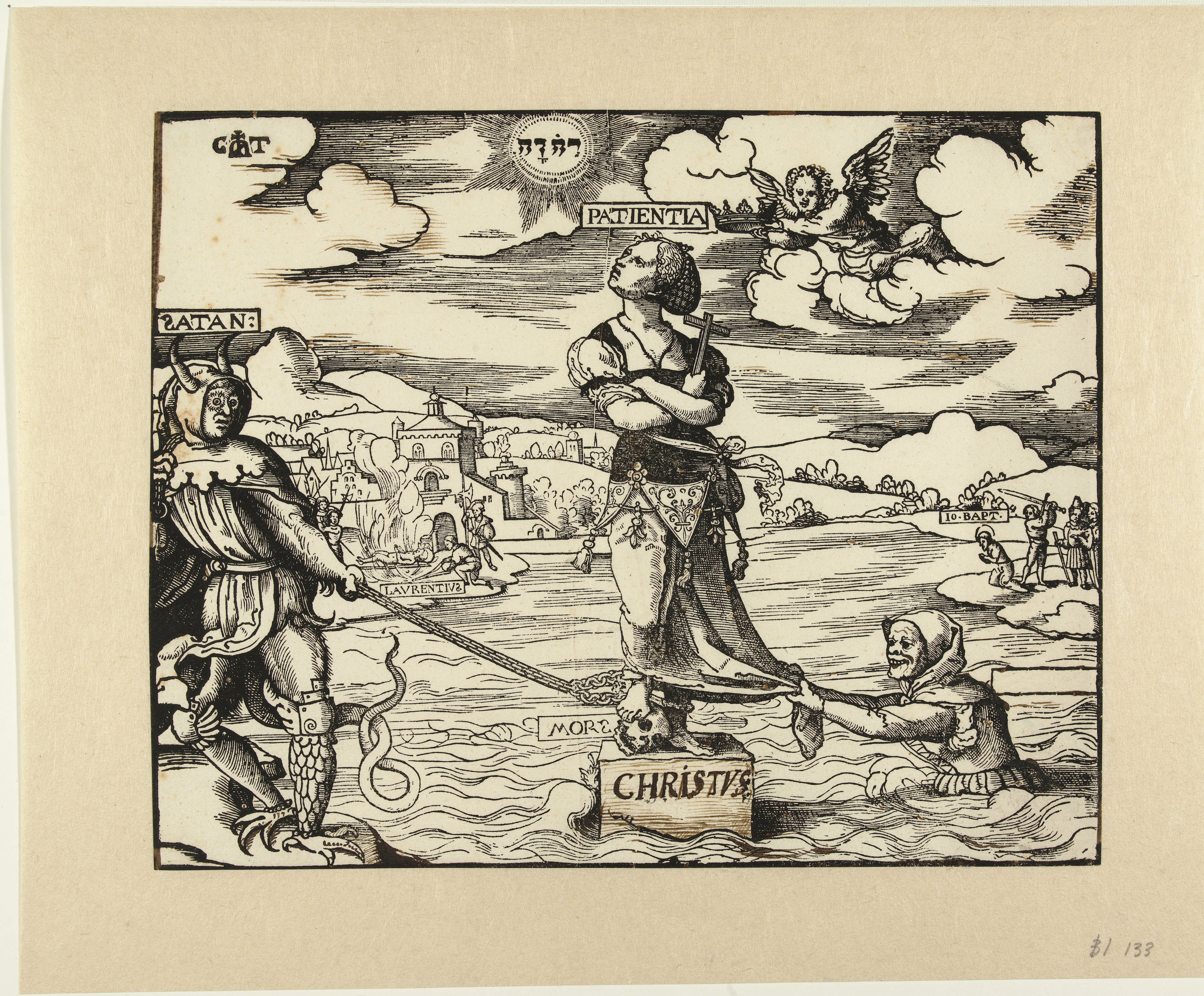 Geduld (Patientia) op een steen in het water