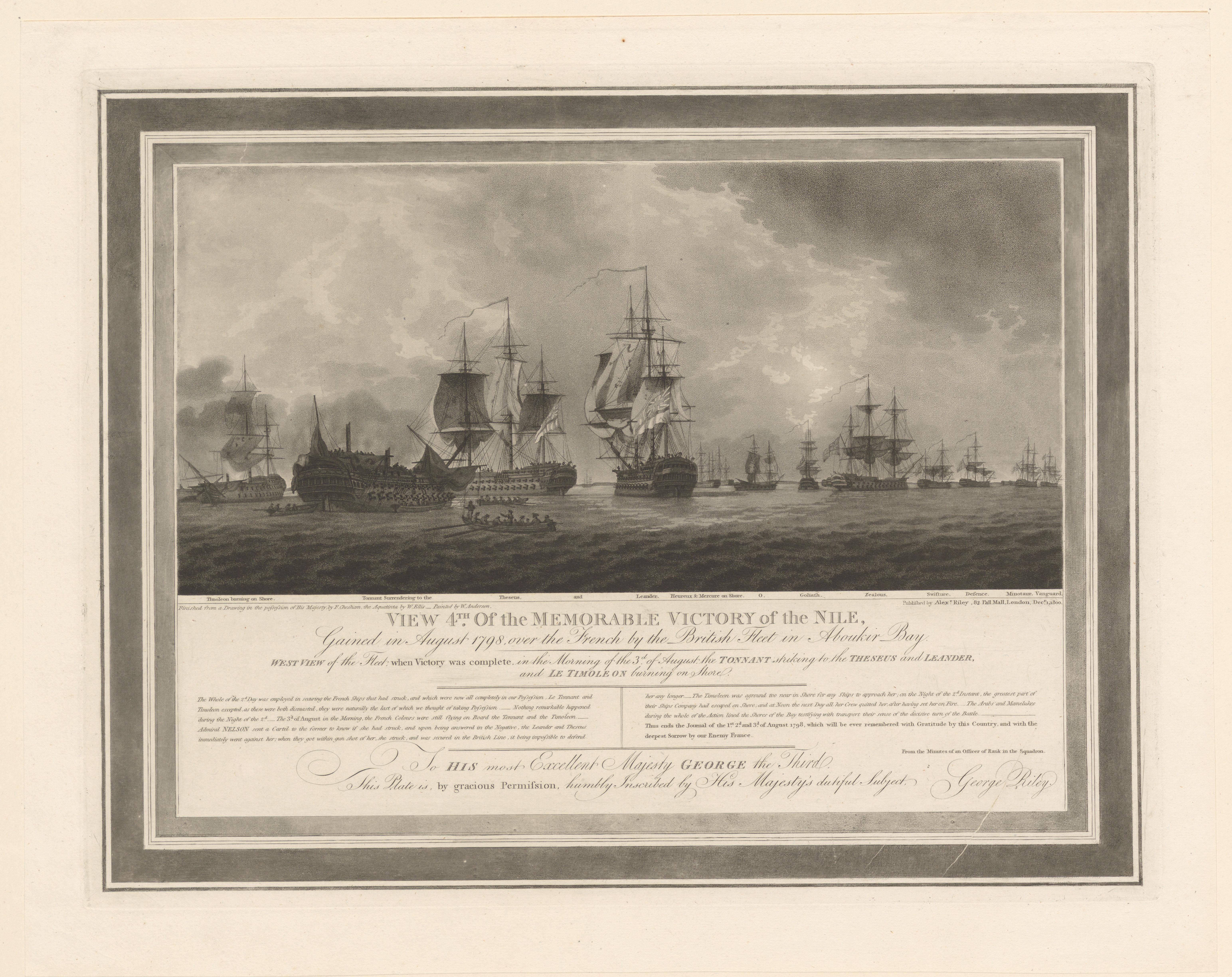 Gezicht op de Britse vloot op de ochtend van 3 augustus 1798, links brandt het Franse schip Timoléon uit