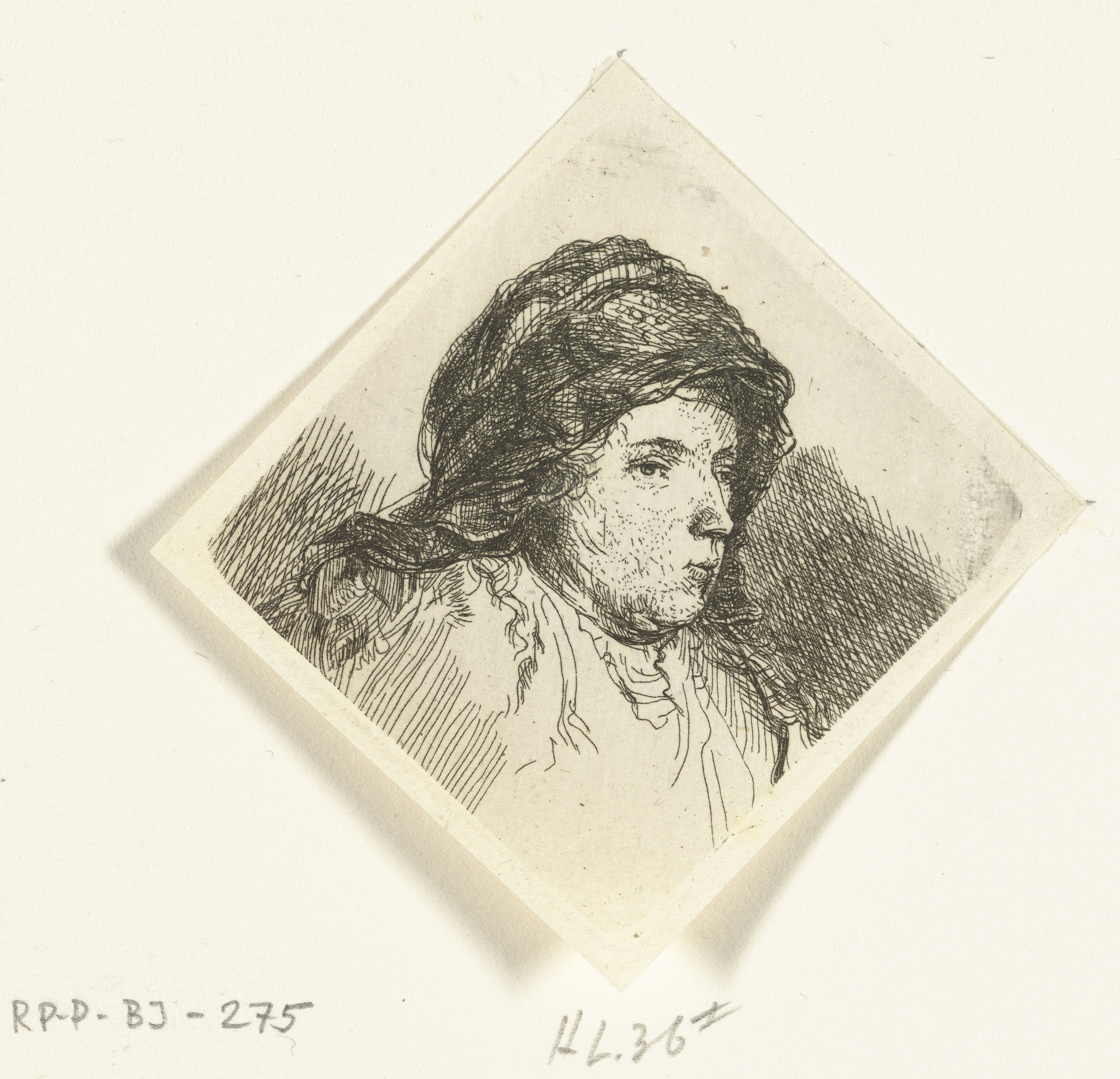 Portretbuste van een vrouw met doek om haar hoofd