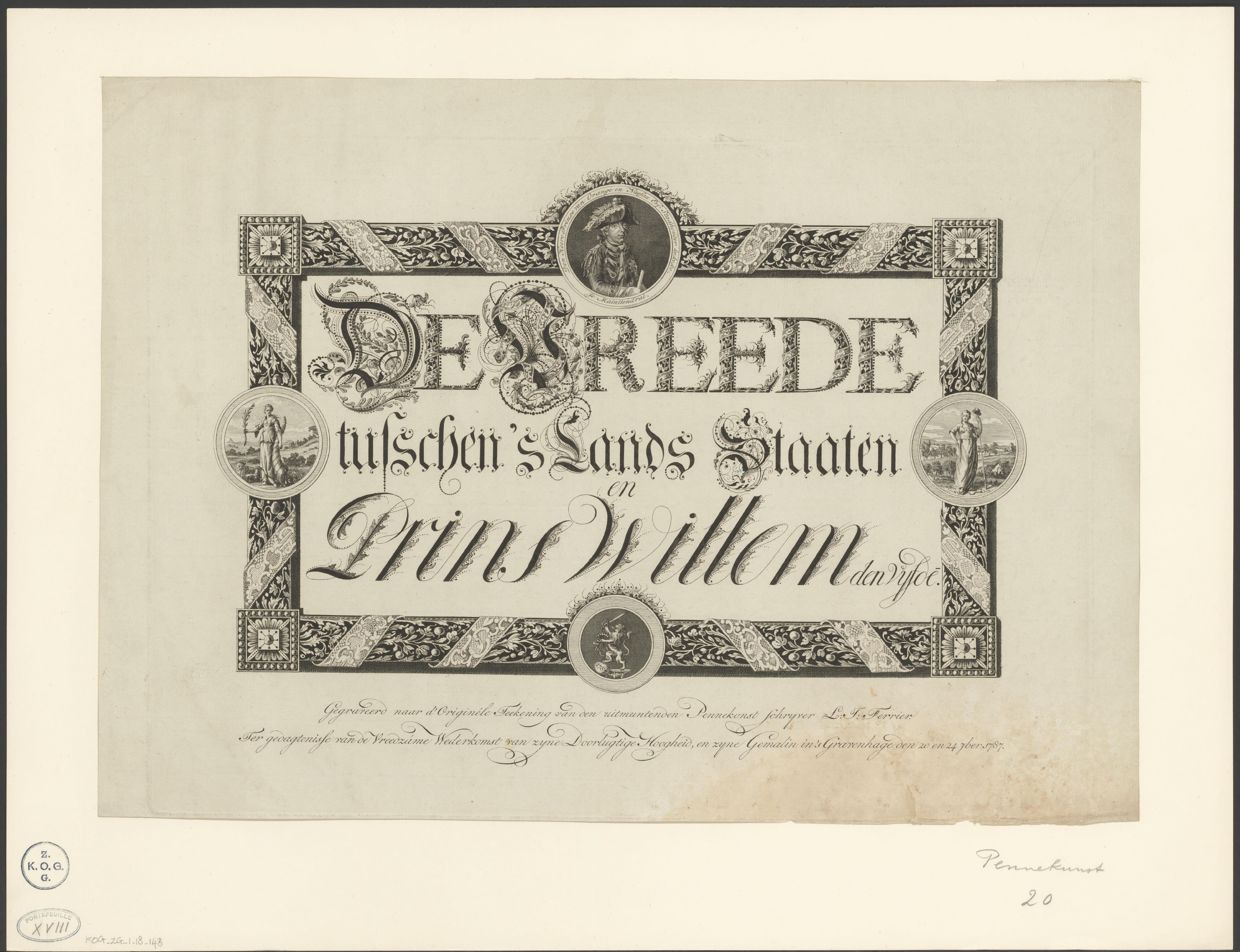 Pennekunst op de vrede tussen Willem V, prins van Oranje-Nassau