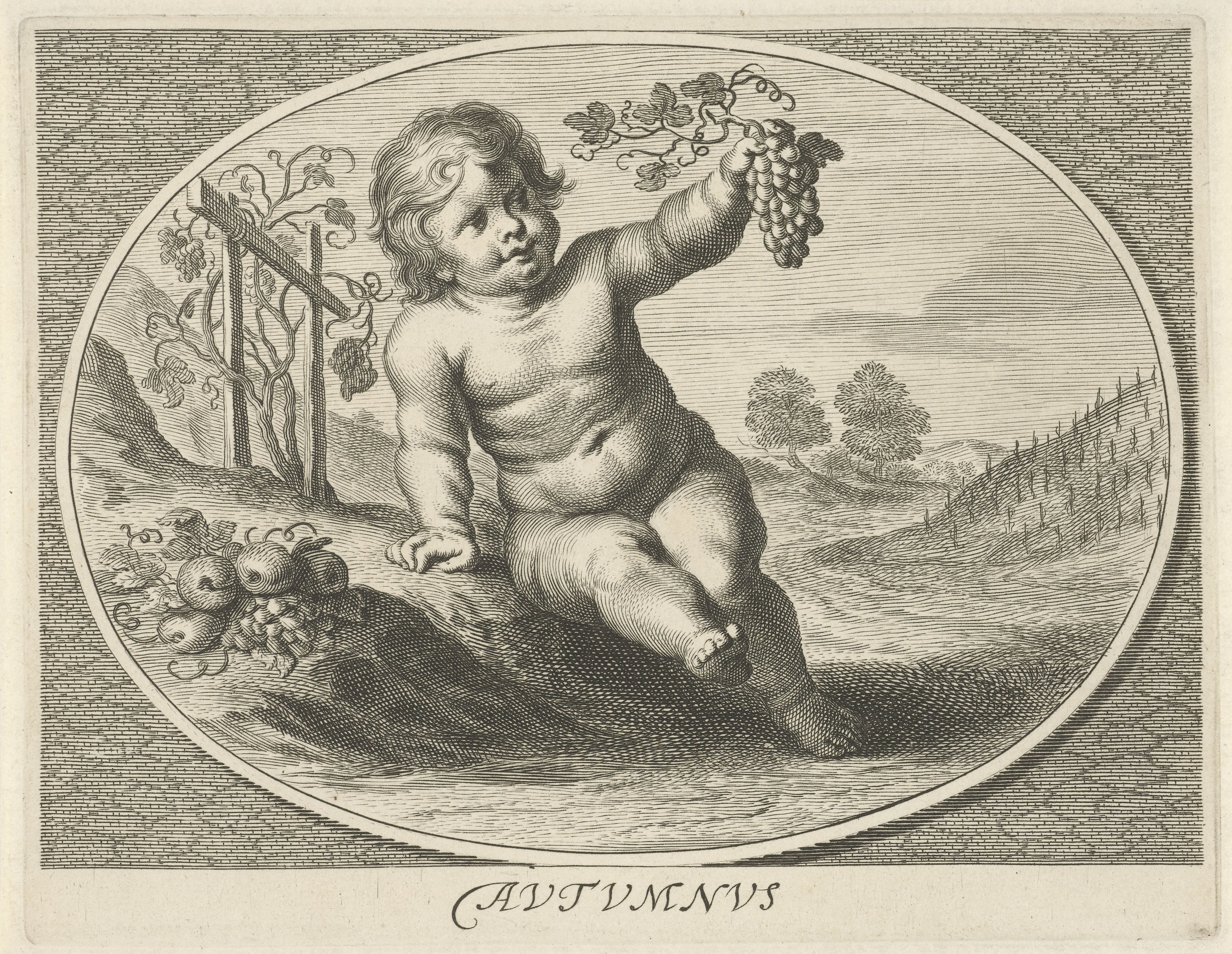 Herfst in gedaante van kind met druiventros en fruit in ovaal