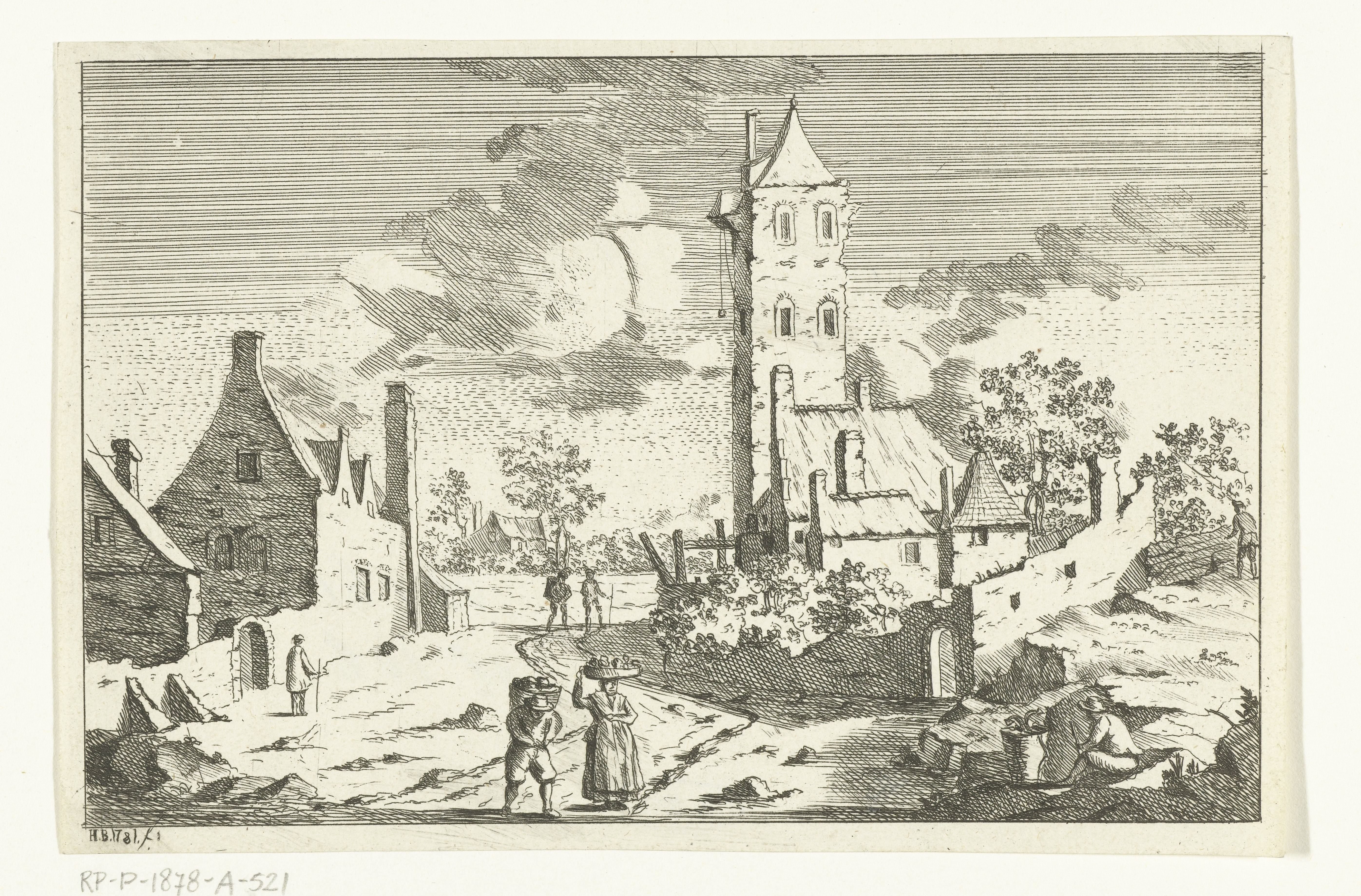 Dorpsgezicht met huizen en toren aan zandweg met figuren