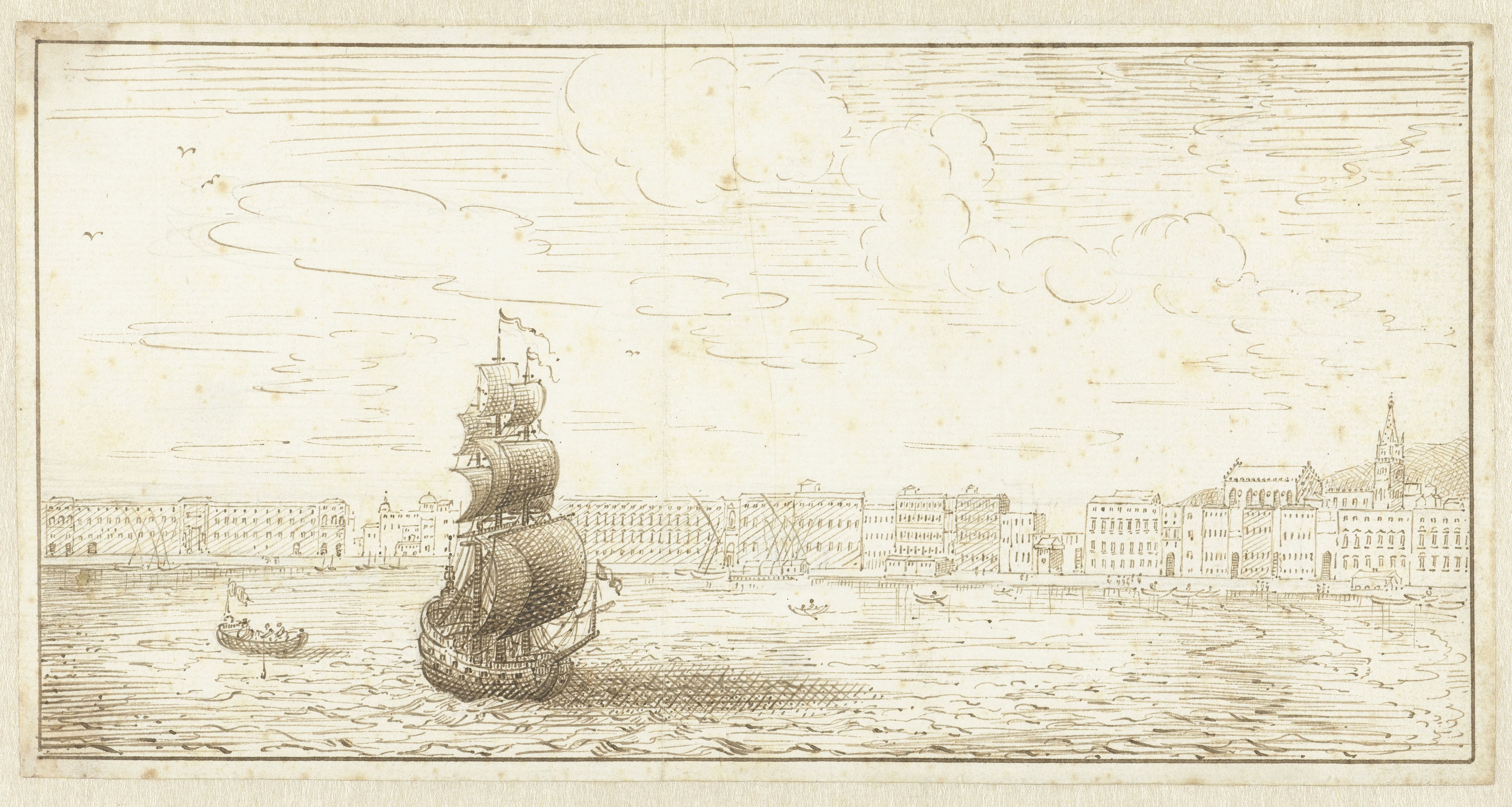 Schip in een baai voor een havenfront