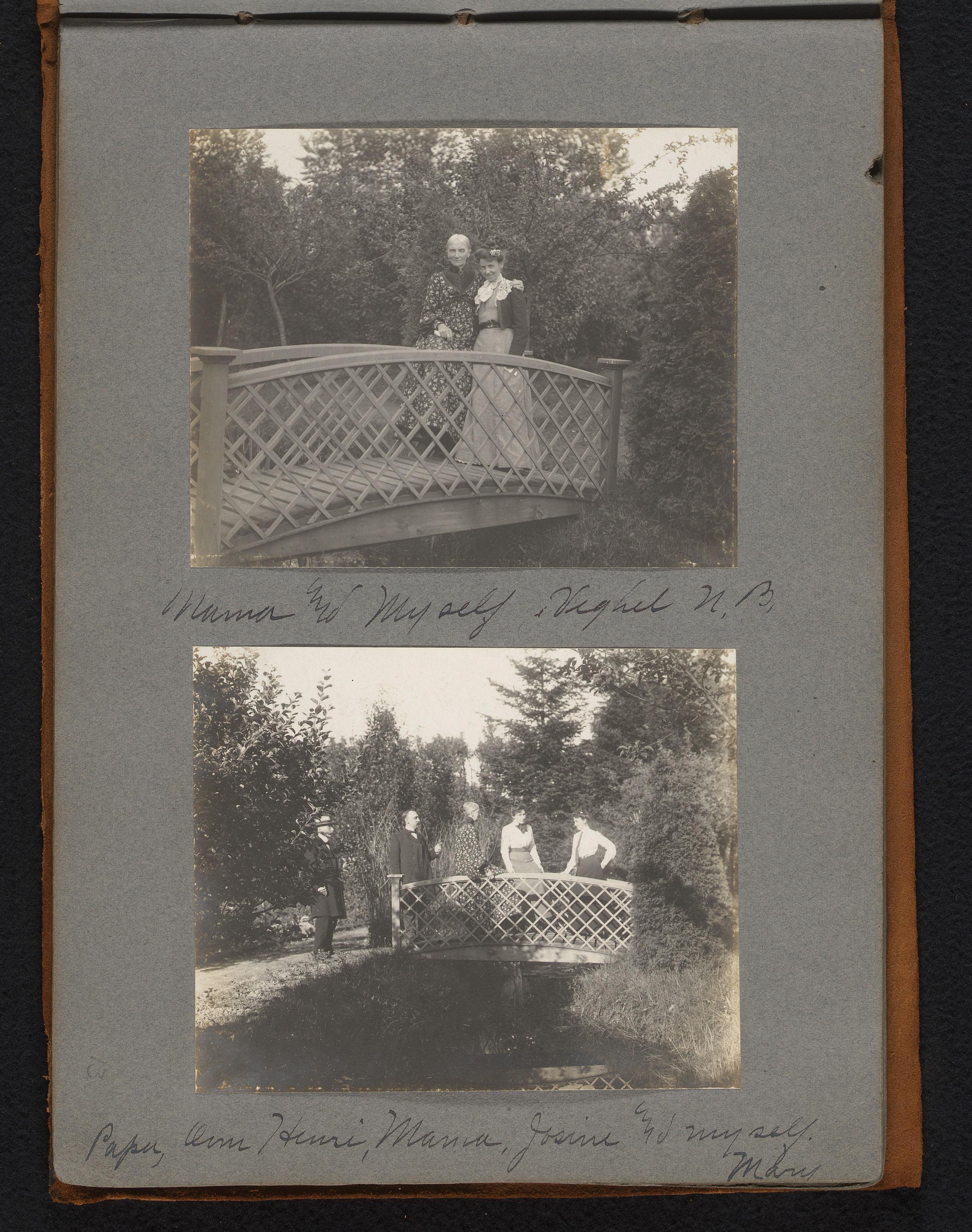 Portret van Mary van der Mey met haar moeder en een portret met haar vader, oom Henri, haar moeder en Josine op een tuinbrug in Veghel