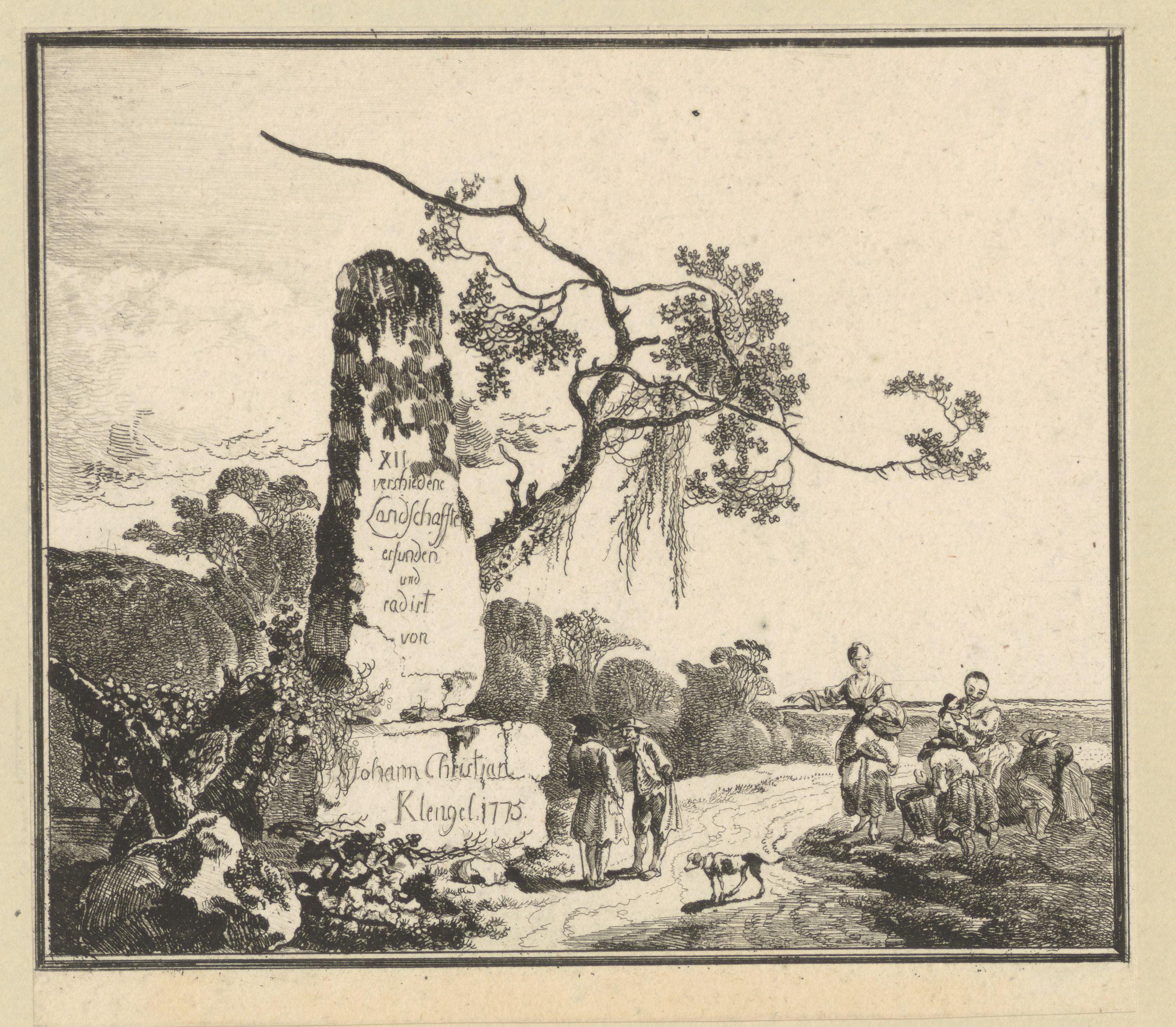 Landschap met gedenksteen en enkele figuren bij een pad