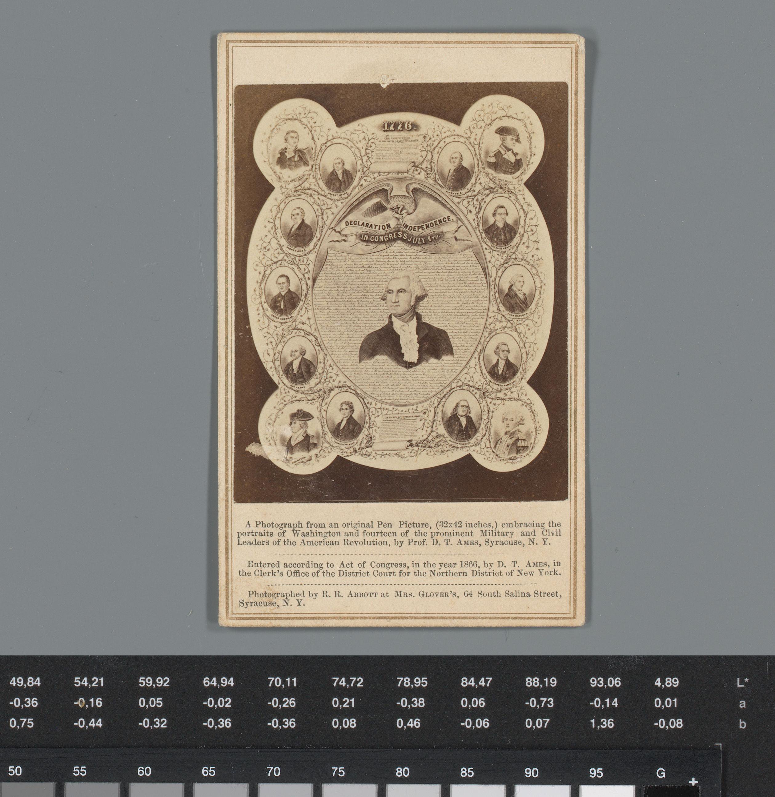 Reclame voor Ames' National Business College te Syracuse met reproductie van een pentekening met de Amerikaanse verklaring van onafhankelijkheid en een portret van George Washington