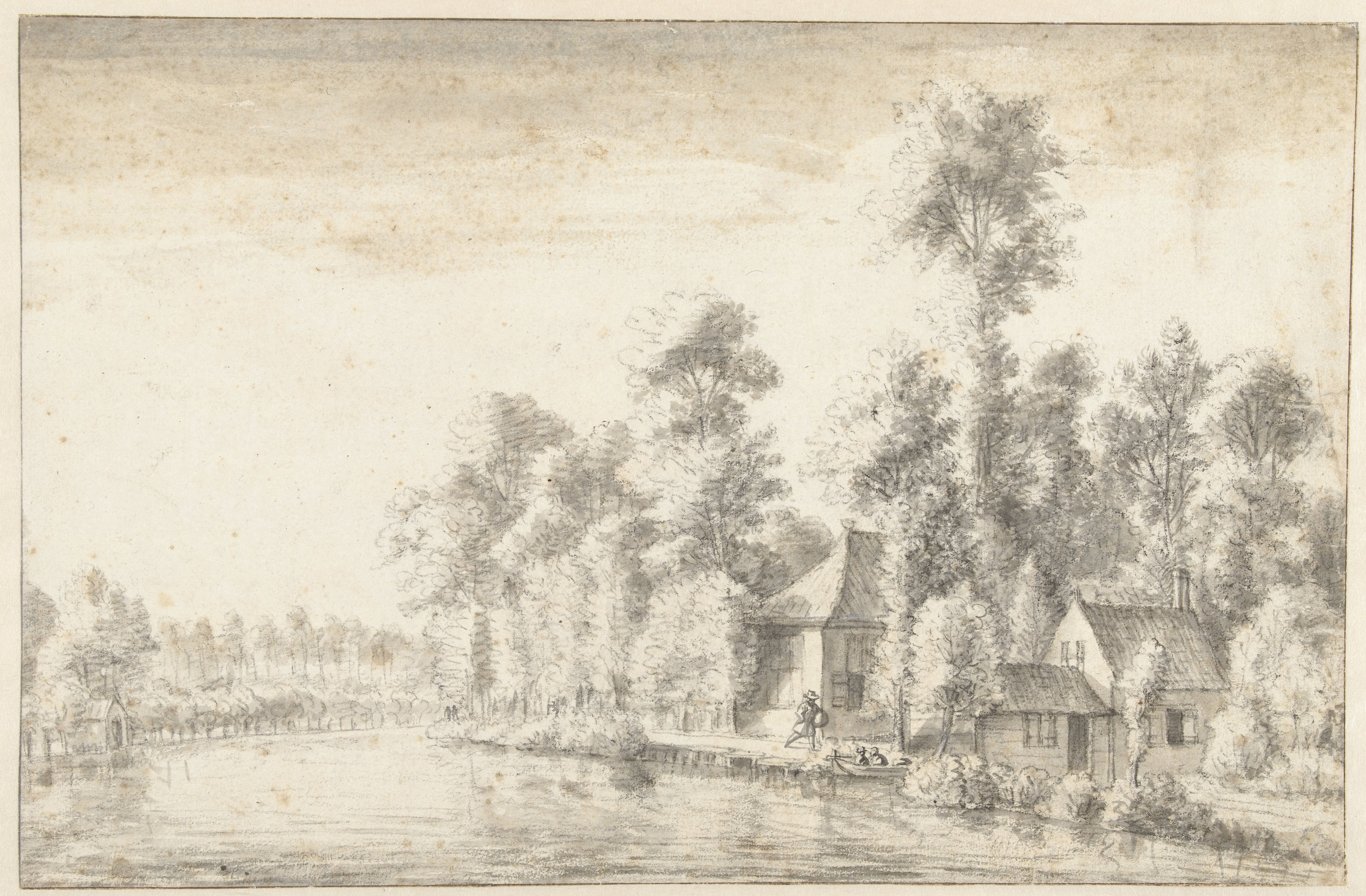 Riviergezicht met enkele huizen