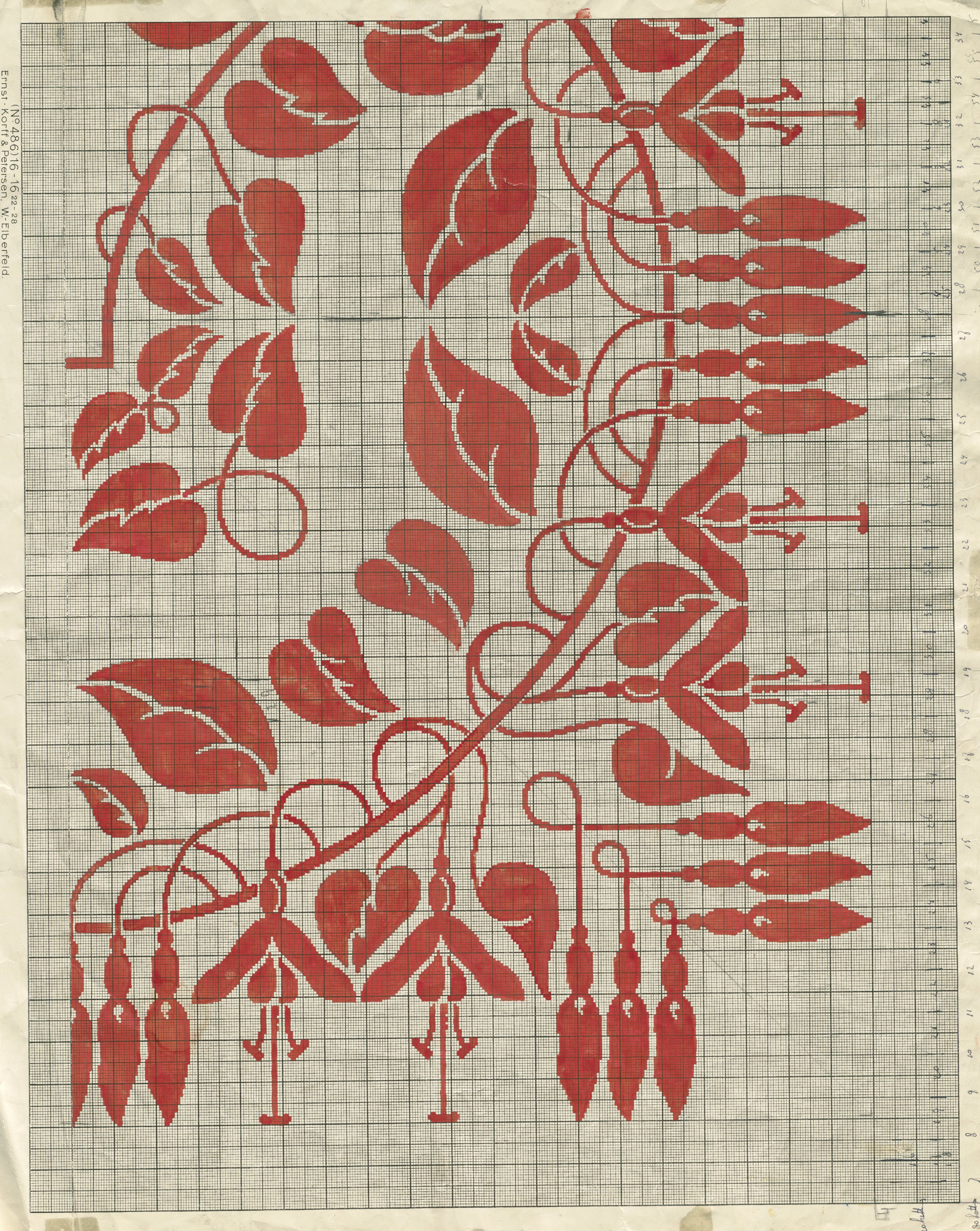 Patroontekening voor een damasten tafellaken met dessin "Fuchsia" en monogram RIL (Royal Interocean Lines)