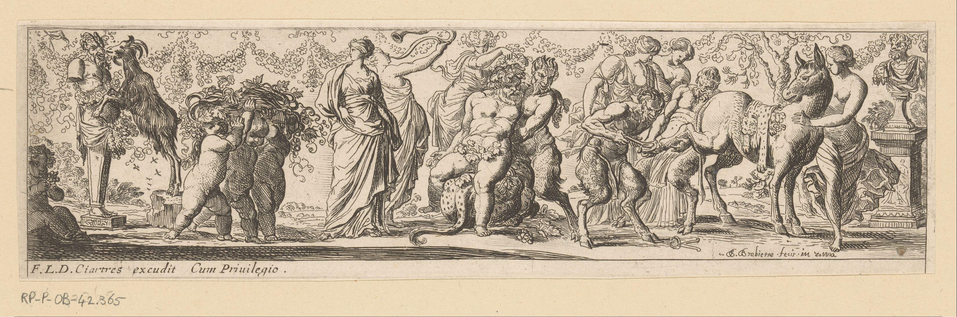 Bacchus gezeten op een luipaard omringd door bacchanten en een ezel