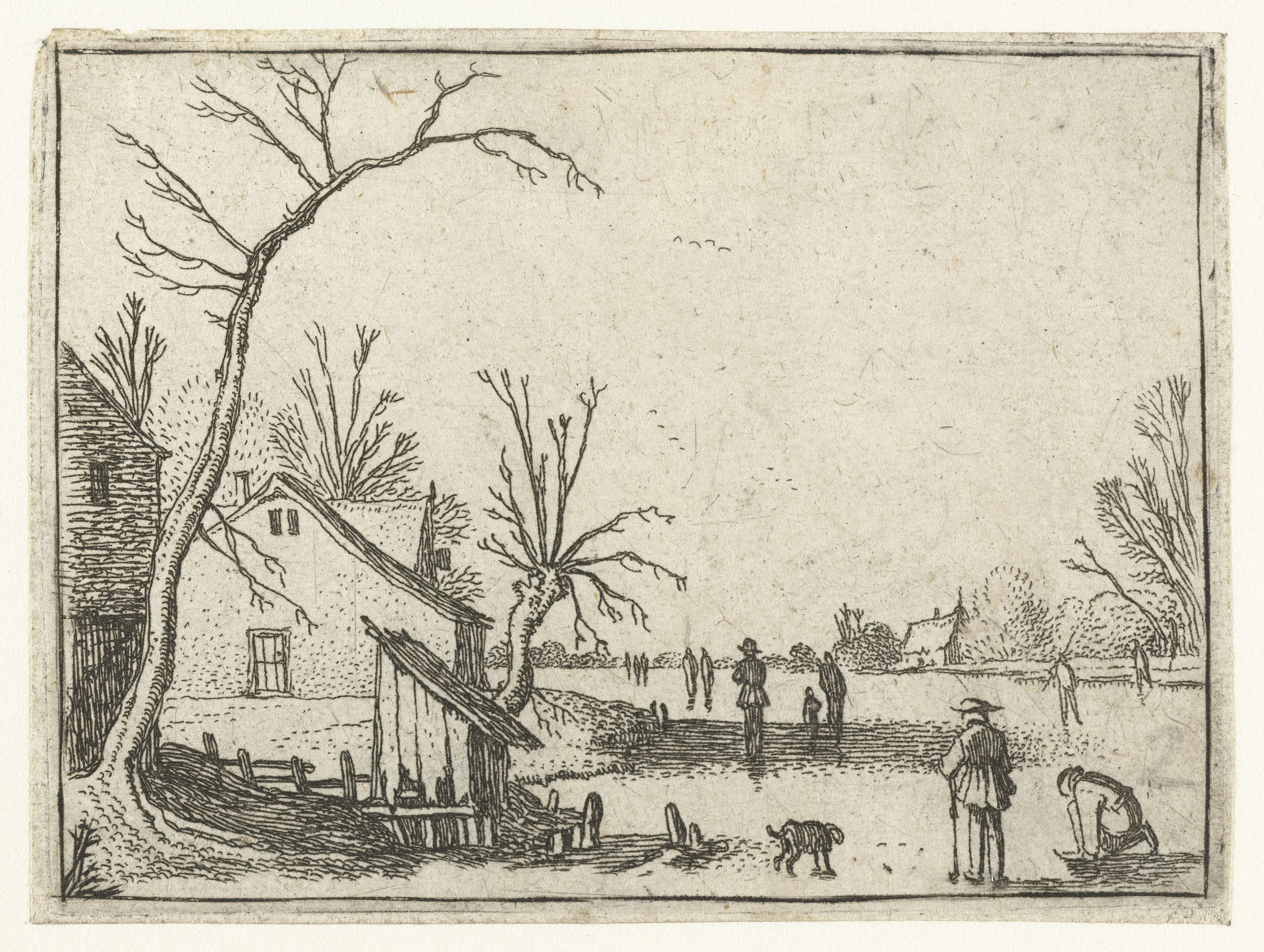 Boerderij bij bevroren rivier en schaatsers op het ijs