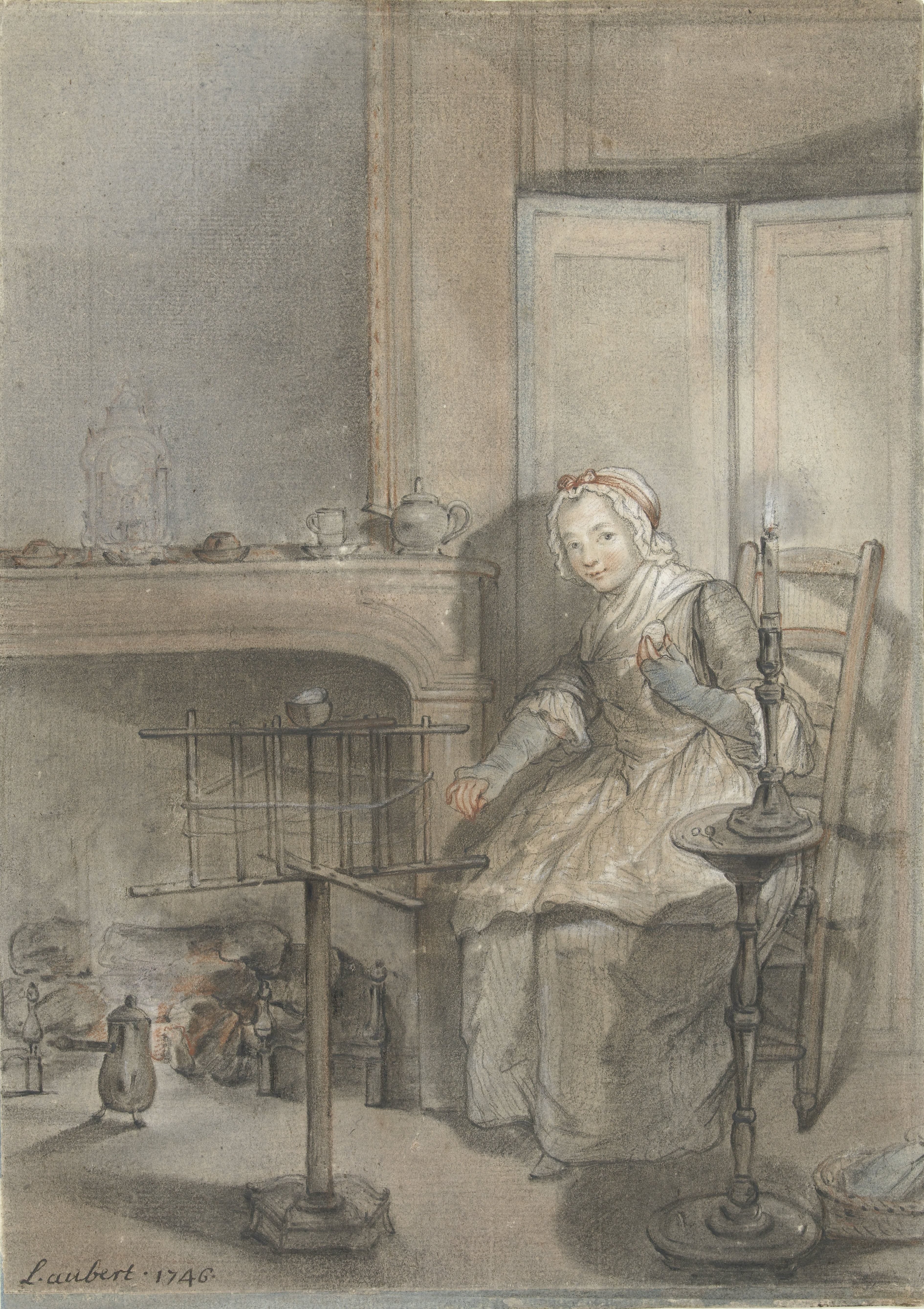 Interieur met een wolkluwende jonge vrouw