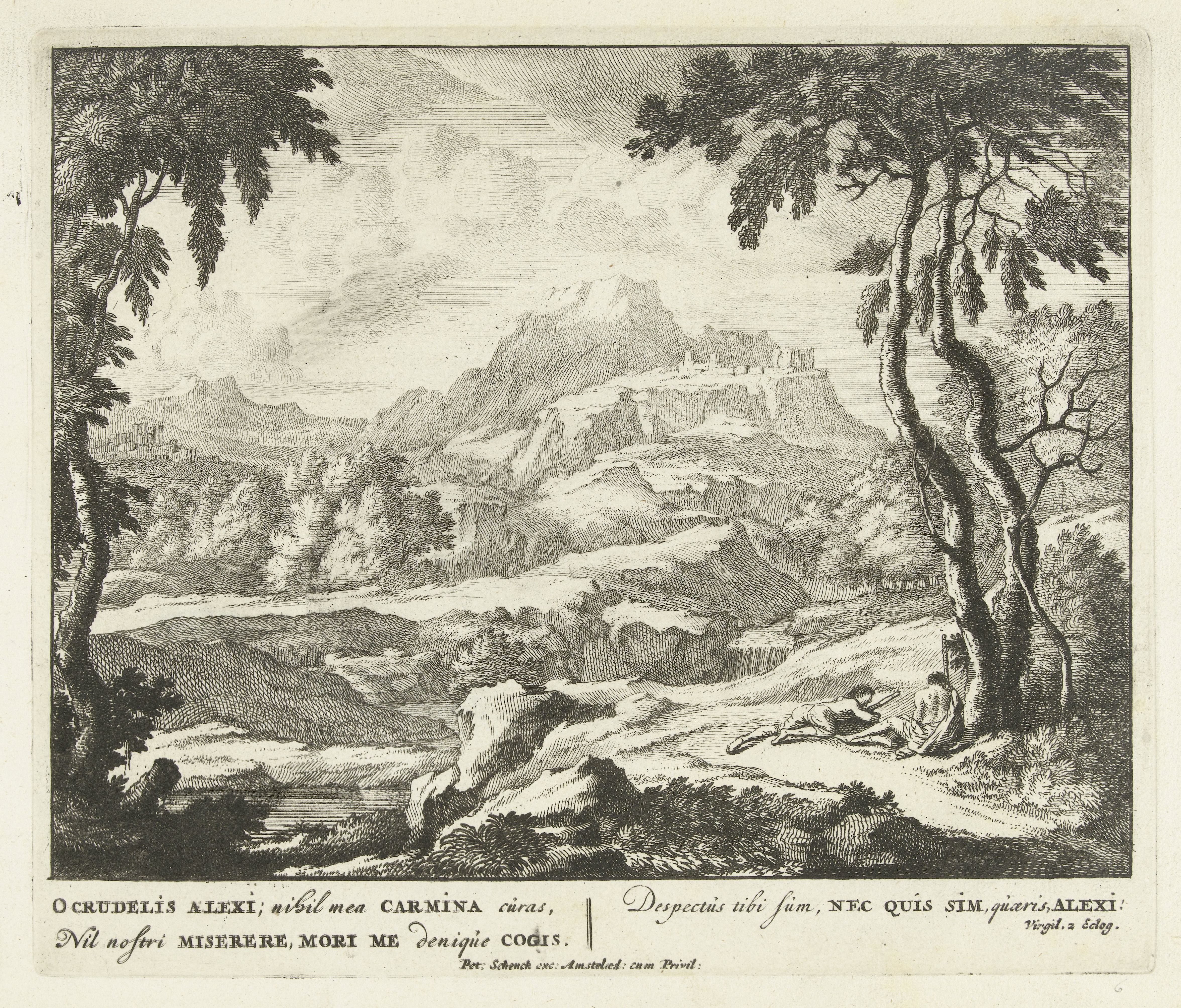 Landschap met twee herders bij een boom