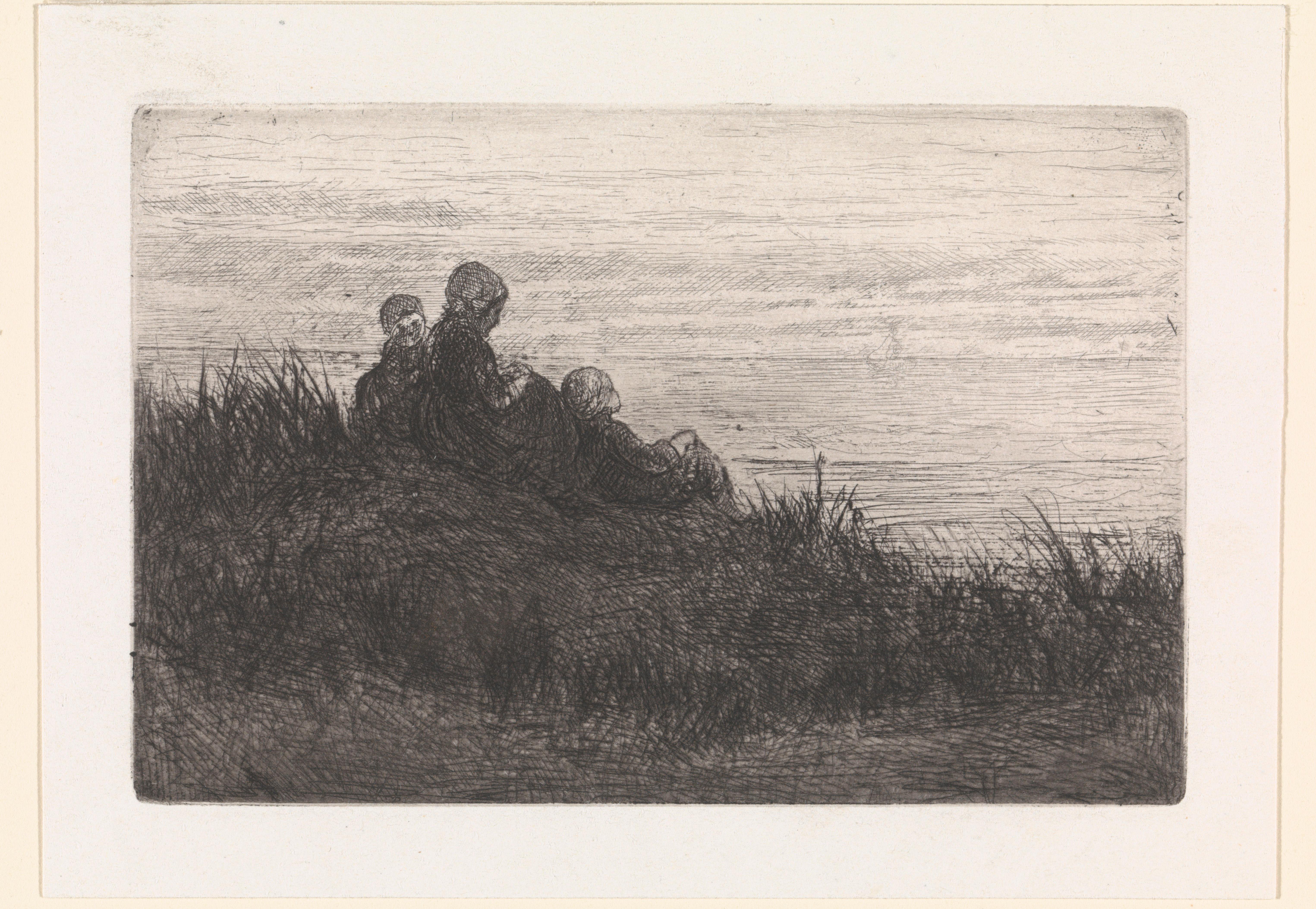 Duinlandschap met moeder en kinderen