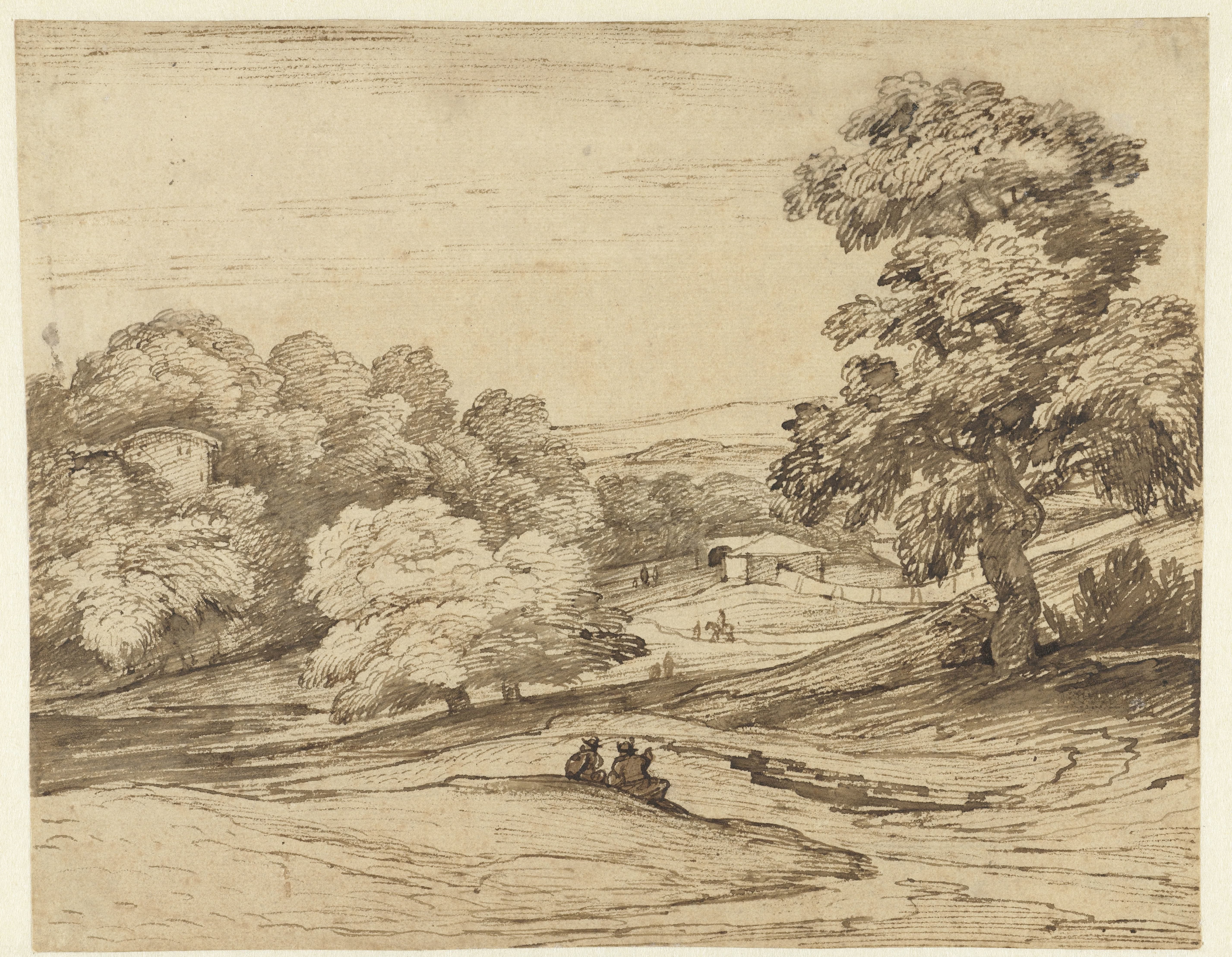 Landschap met in de verte een muur