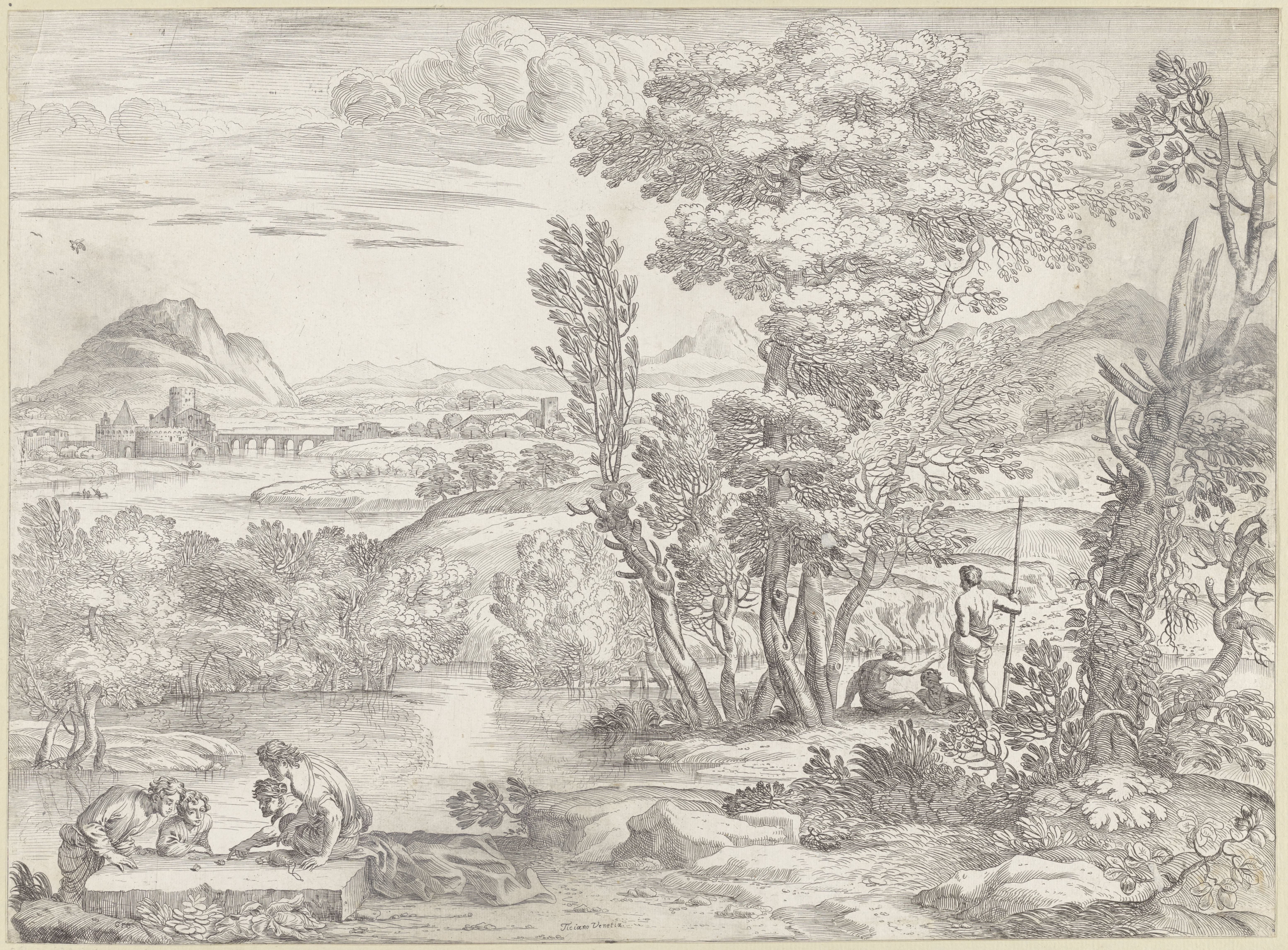 Landschap met vier dobbelaars