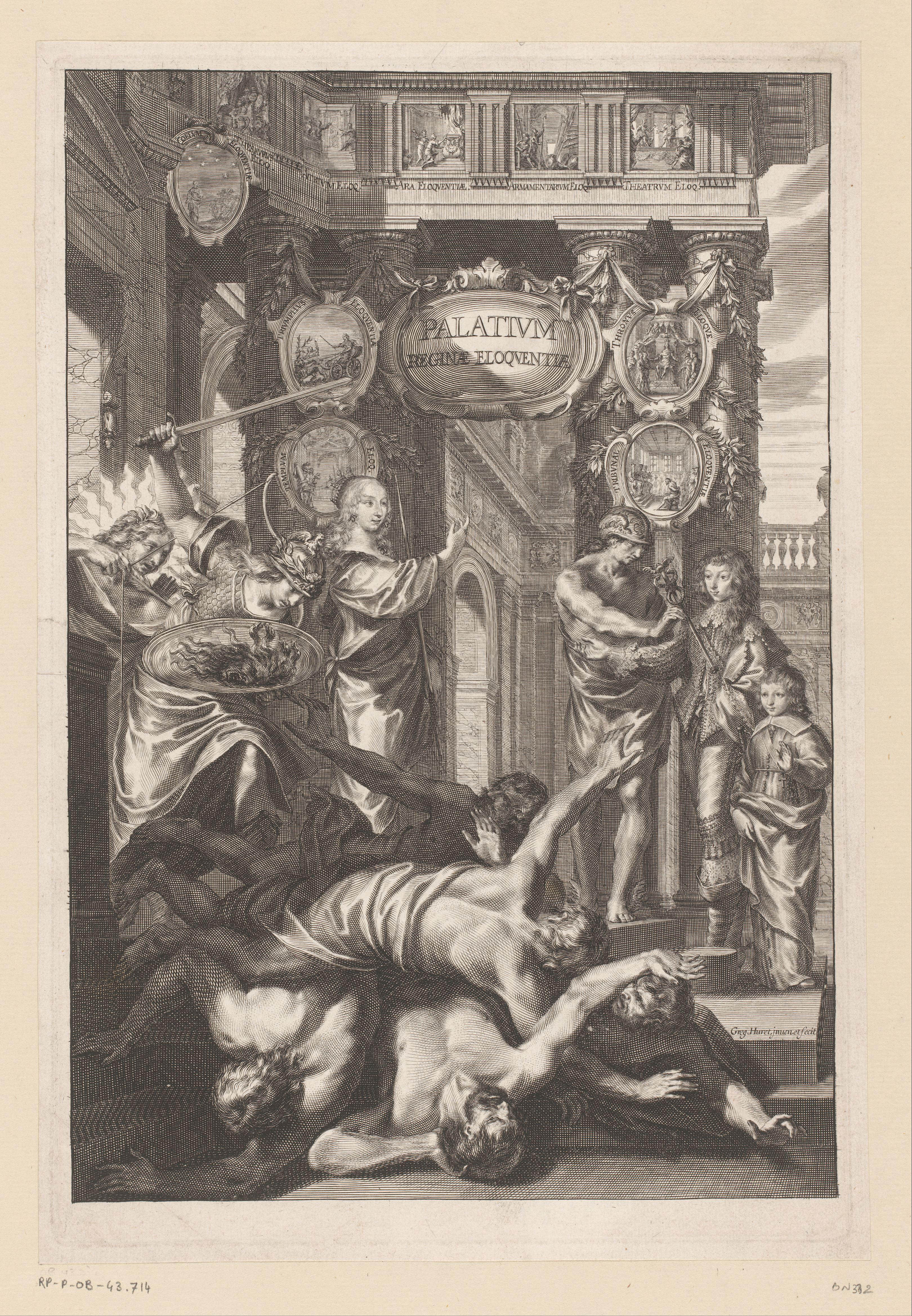 Allegorische voorstelling met portretten van Lodewijk II en Armand de Bourbon-Condé bij het paleis van Welsprekendheid