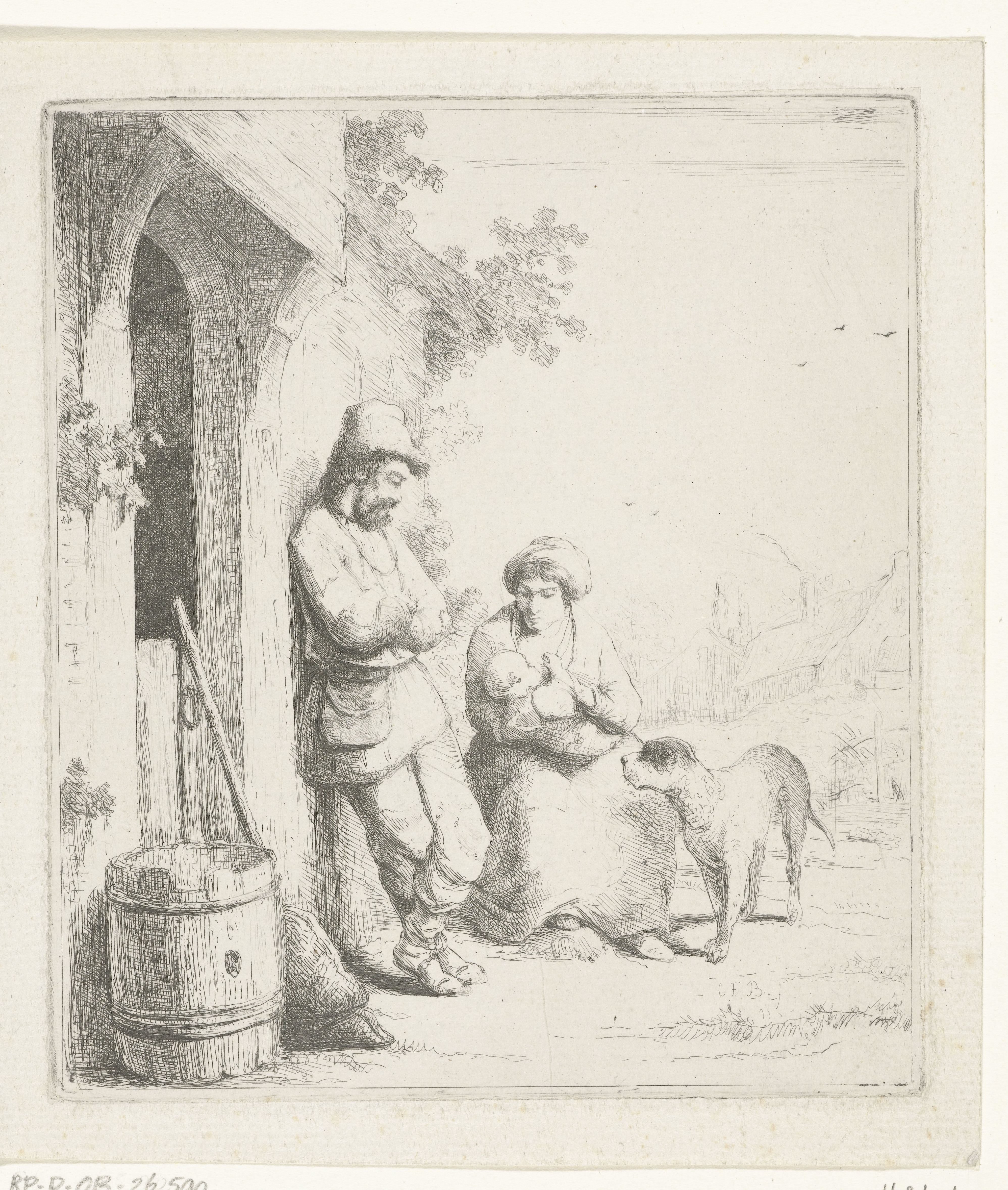 Man en vrouw met kind bij deur van huis