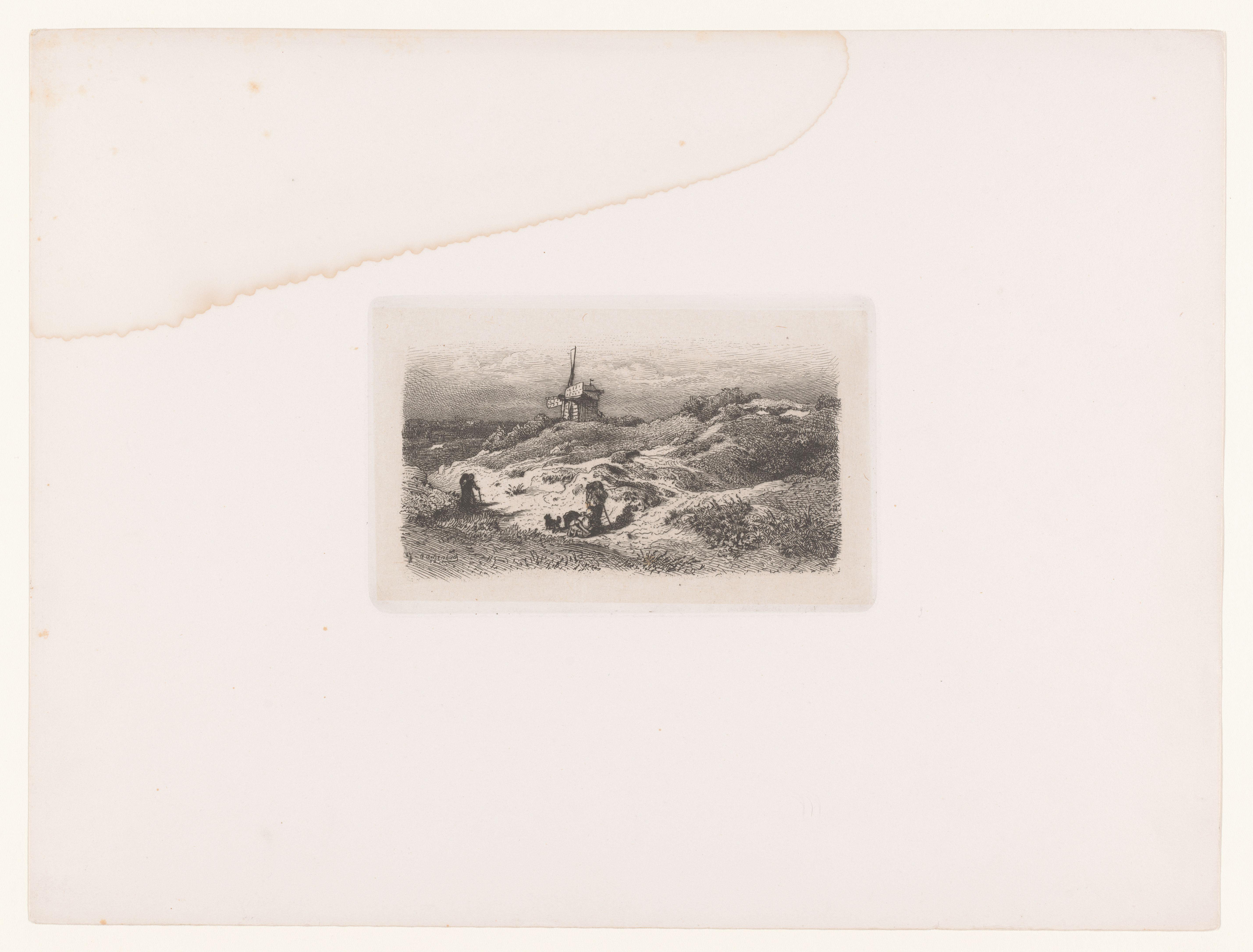 Landschap met reizigers, een molen in de achtergrond