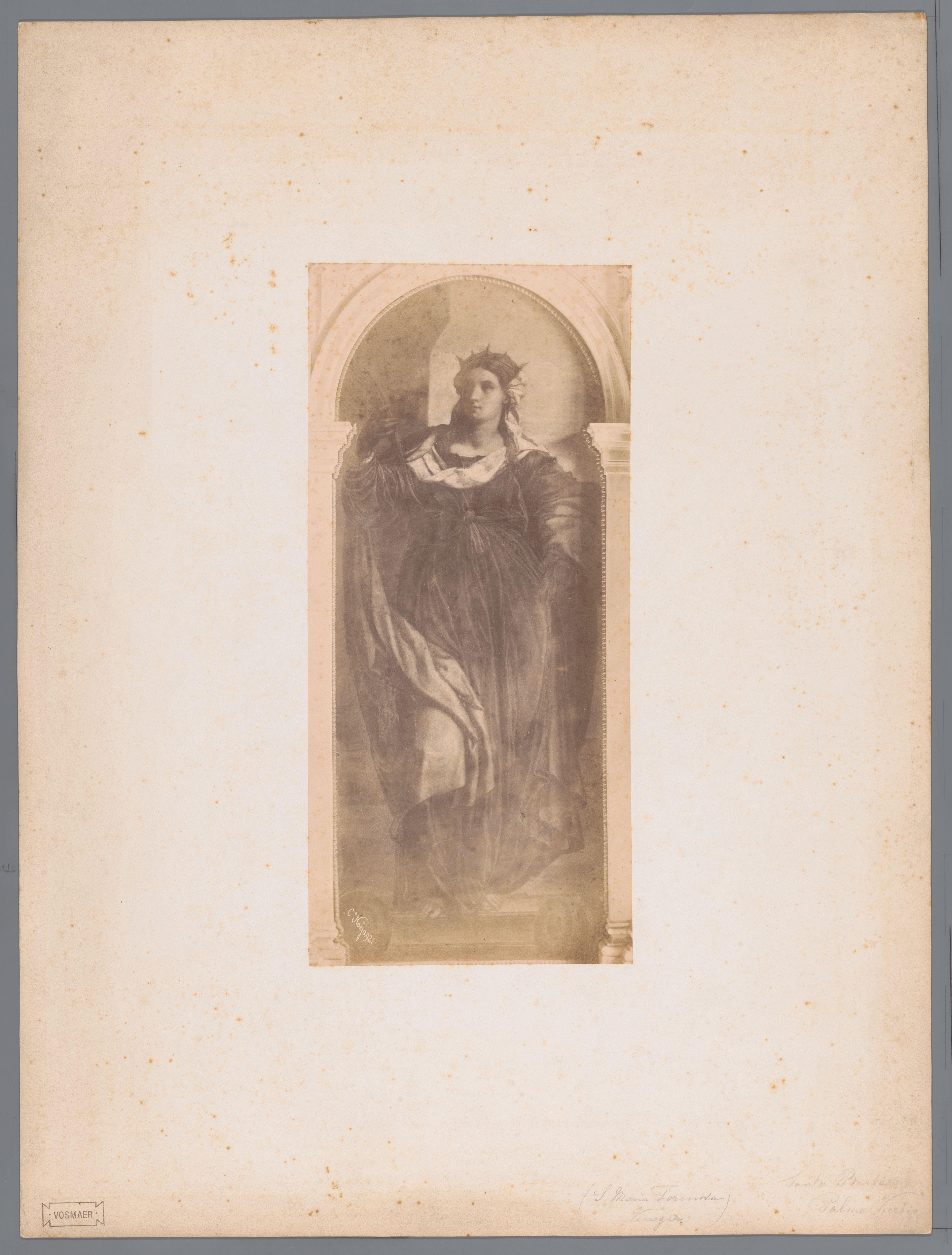 Fotoreproductie van schilderij/fresco Santa Barbara door Palma Vecchio in de S. Maria Formosa te Venetië