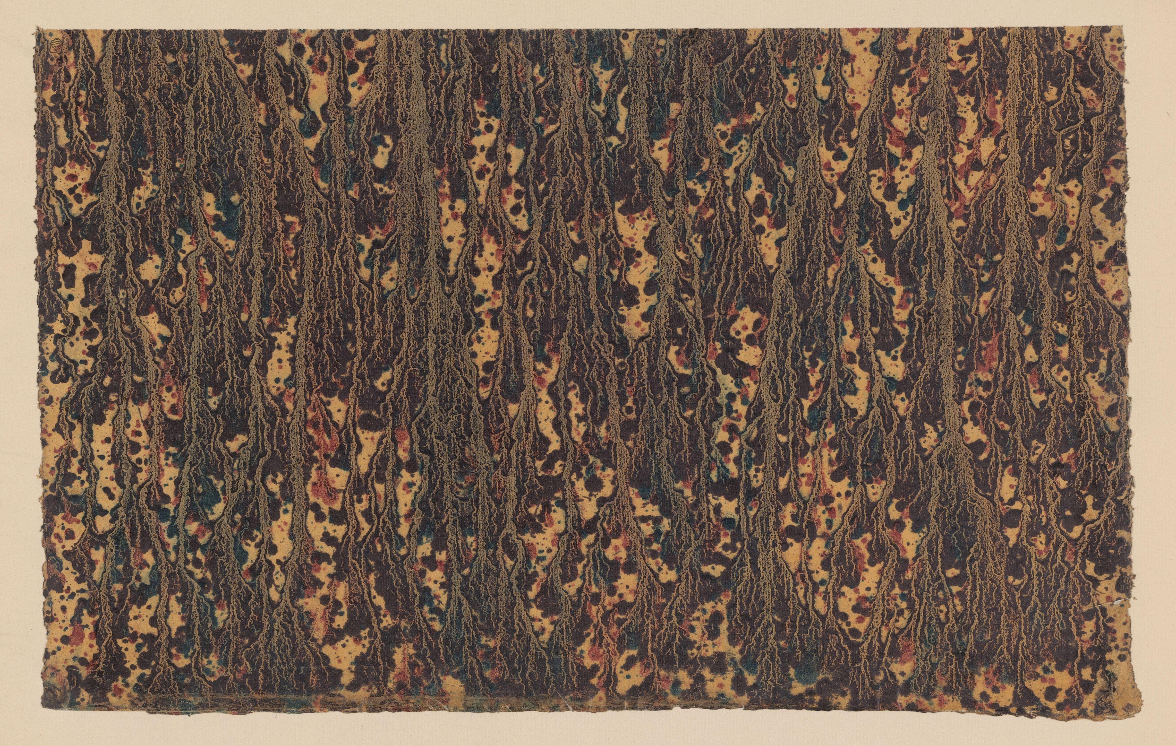 Stroommarmer in zwart, rood en blauw op geelbruin papier