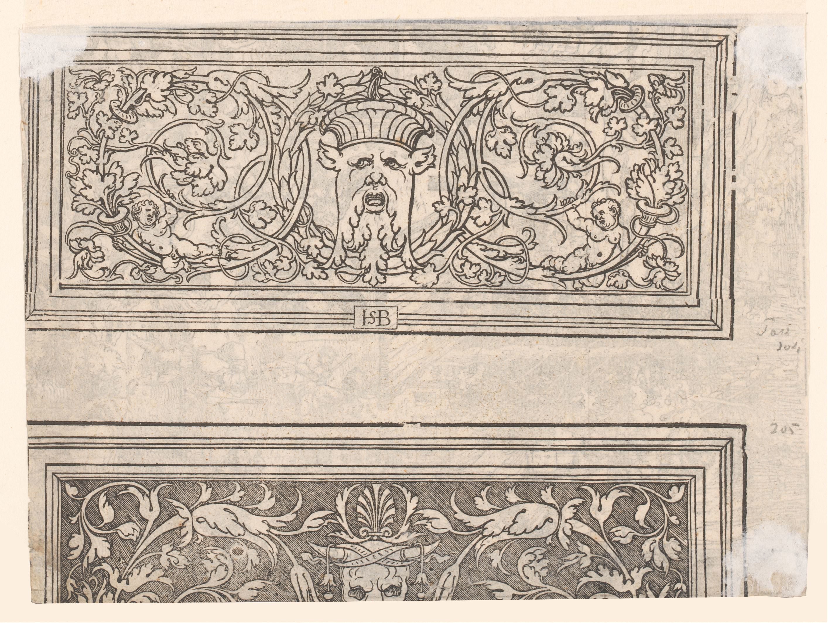 Ornament met een mascaron en een deel van een ornamentprent met een ossenschedel