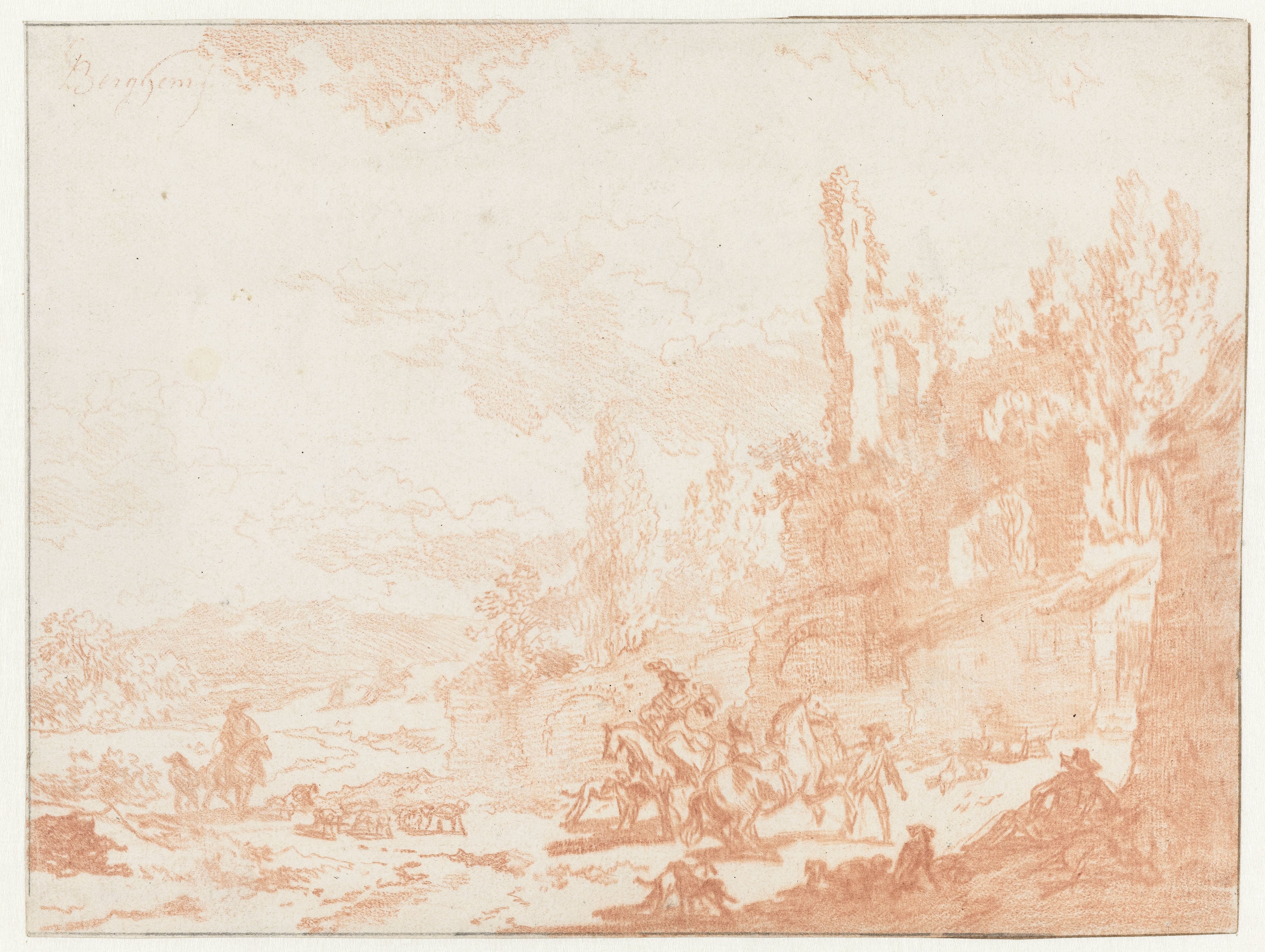 Italianiserend landschap met mannen, paarden en honden