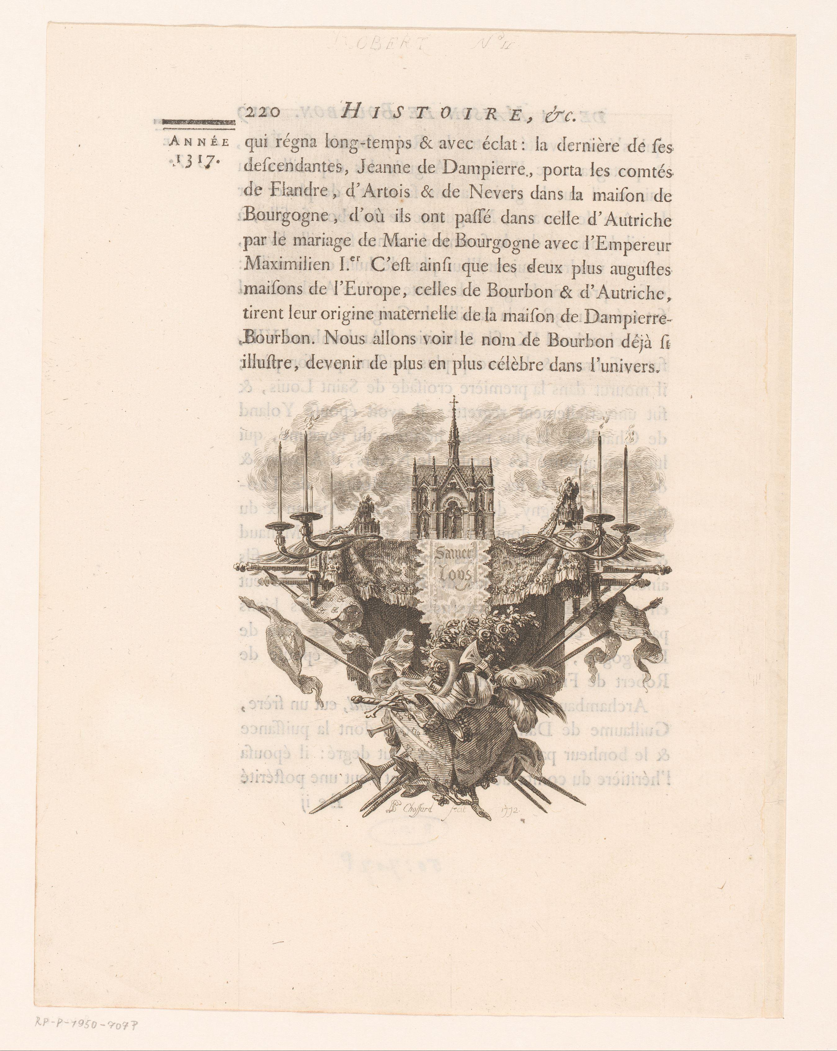 Allegorische voorstelling met kerk en kandelaar boven wapenuitrusting