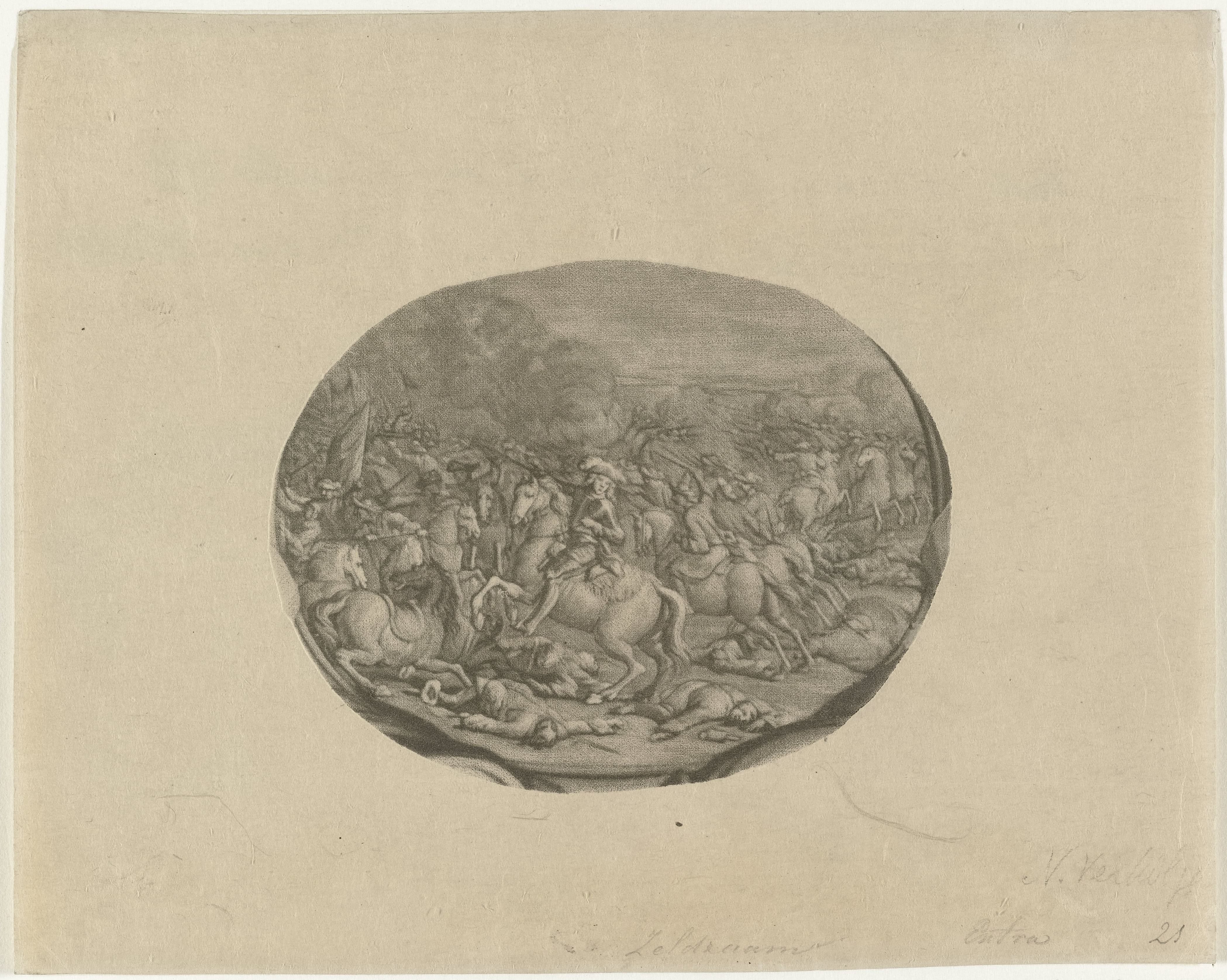 Vignet met een afbeelding van de slag bij Kalisch (29-10-1706), afkomstig uit het portret van Frederik Augustus II, hertog van Saksen en koning van Polen