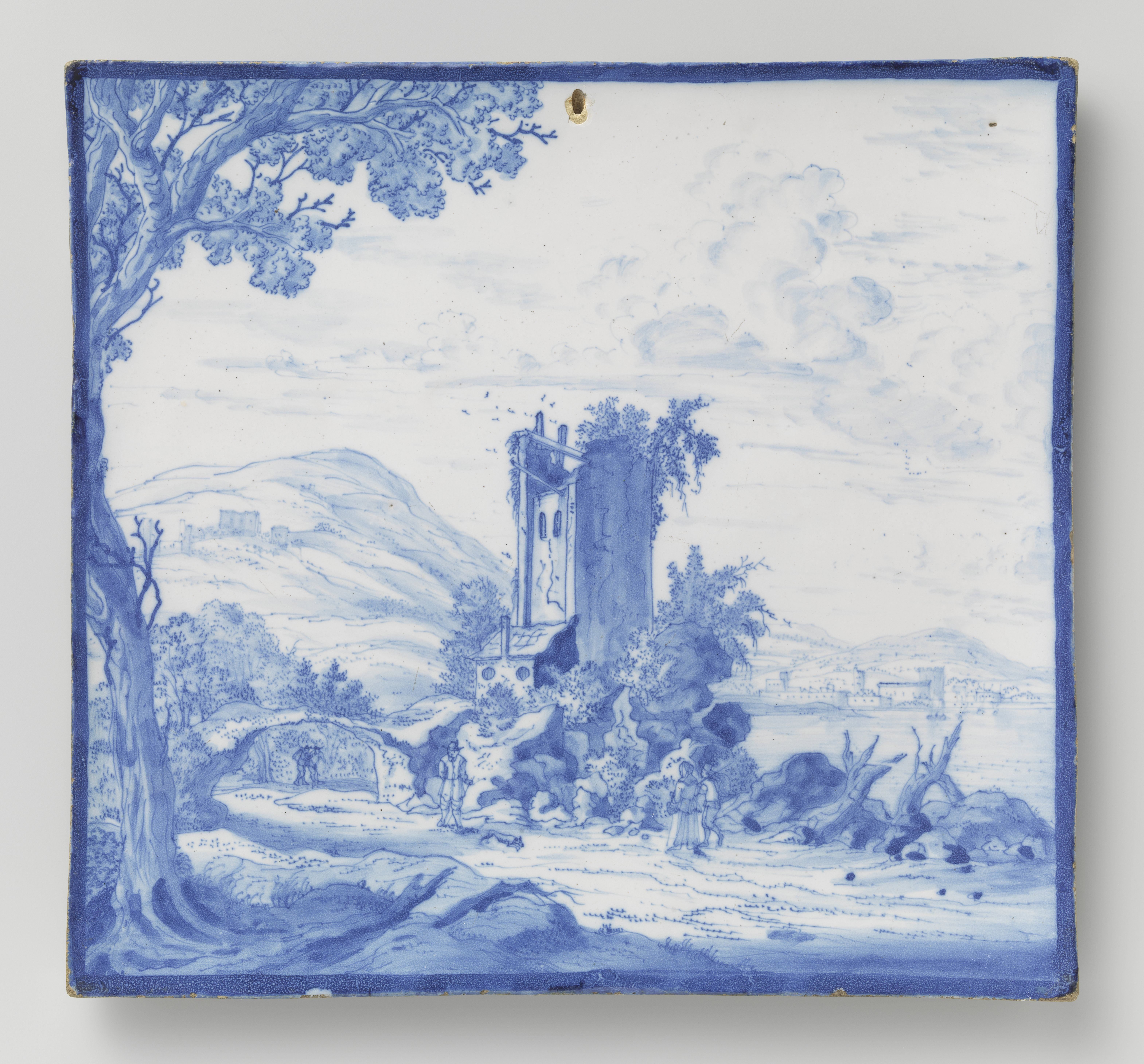 Plaat met ruïne en figuren in landschap